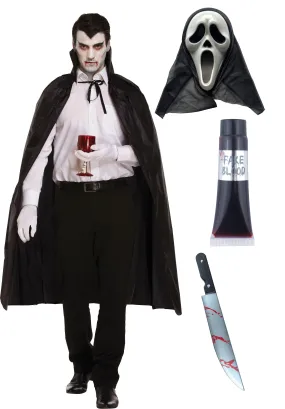 Black Dracula Cape with Collar Scream Ghost Killer Mask Fake Blood Tube Plastic Kitchen Knife 50 Cm Halloween Scary Dracula Costume