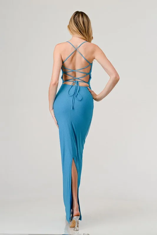 Blue Glitter Crossed Back Maxi Dress