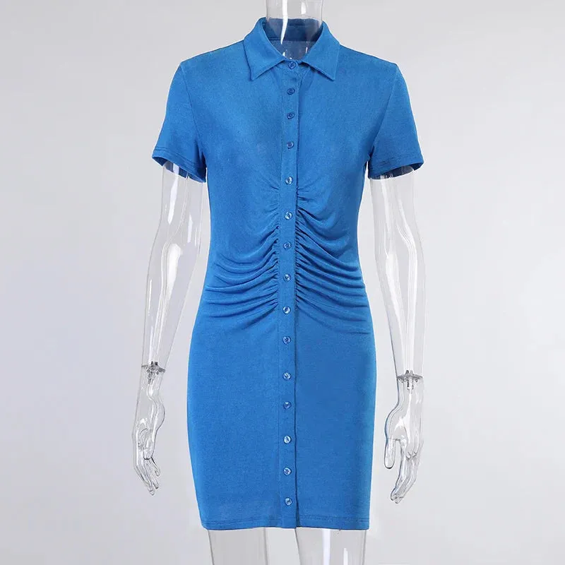 Blue Short-sleeved Splicing Lapel Casual Bodycon Dress