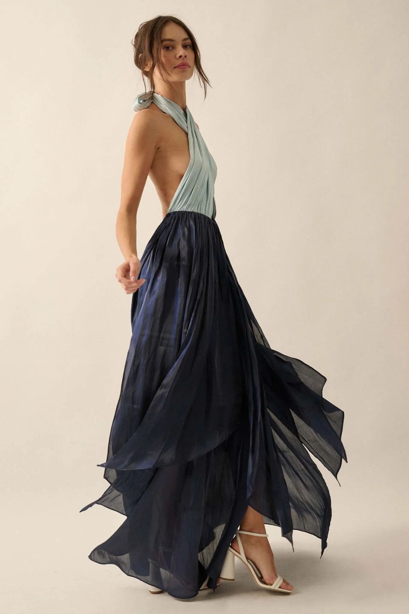 Breaking Waves Satin Cross-Front Halter Maxi Dress