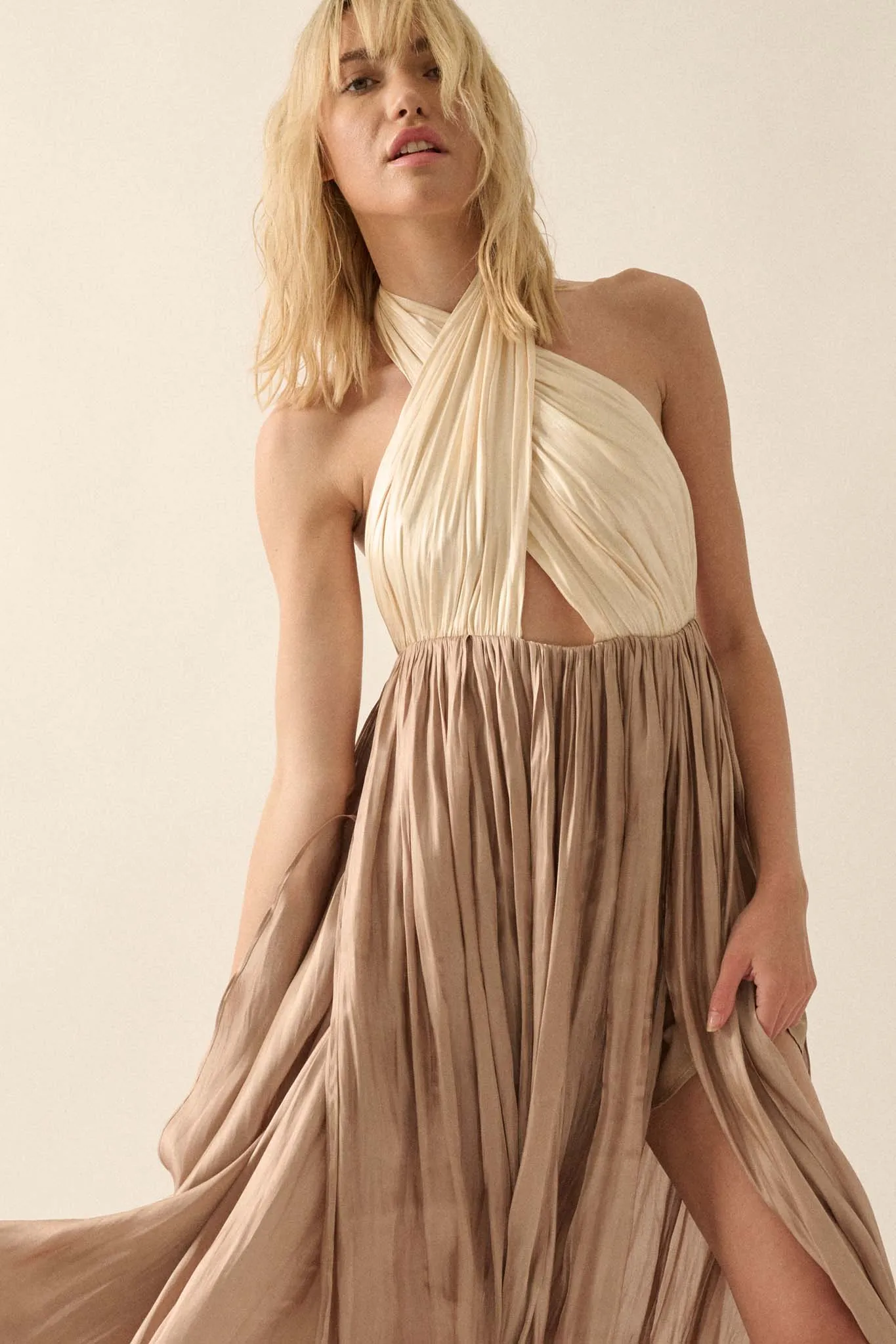 Breaking Waves Satin Cross-Front Halter Maxi Dress