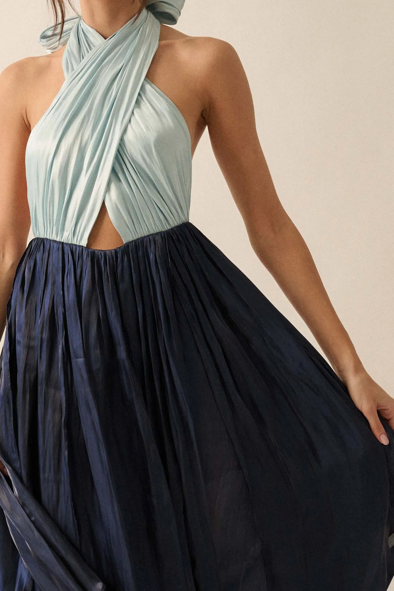 Breaking Waves Satin Cross-Front Halter Maxi Dress