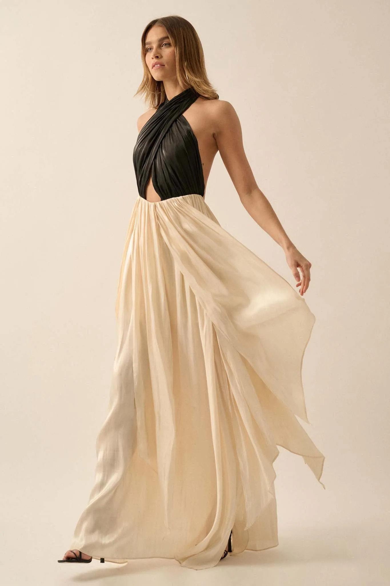 Breaking Waves Satin Cross-Front Halter Maxi Dress