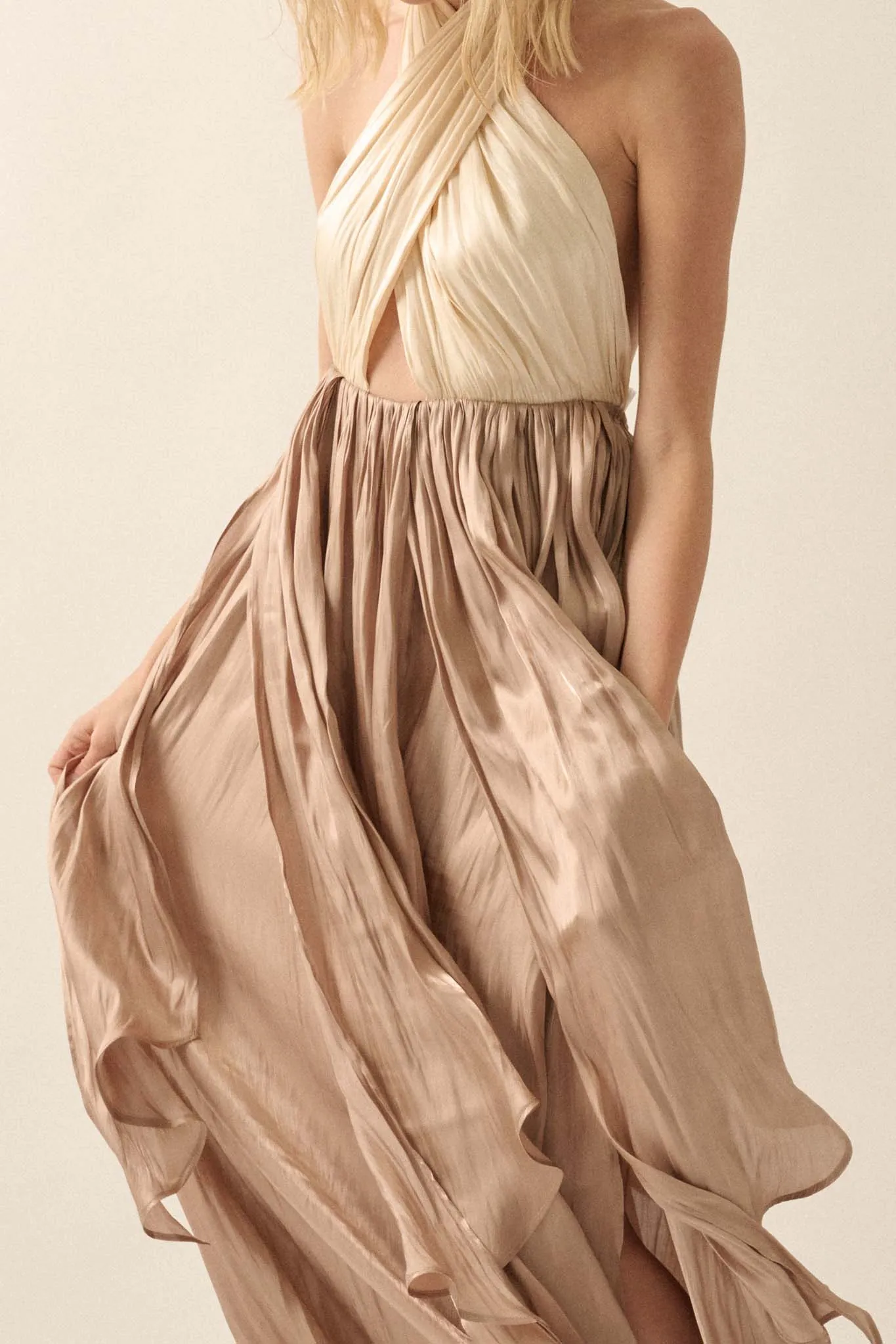 Breaking Waves Satin Cross-Front Halter Maxi Dress