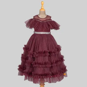 Brown Glittery Layered Frill Gown for Girls