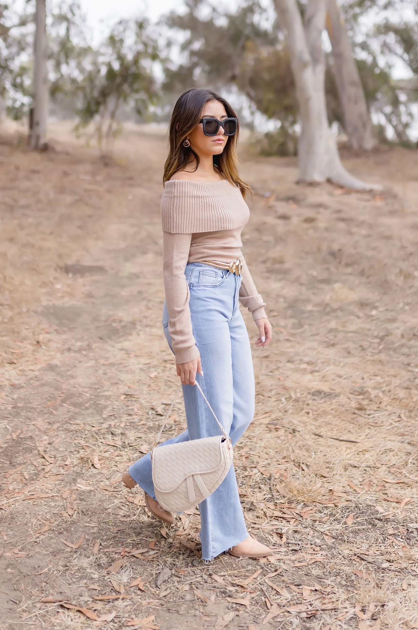 Brynn Long Sleeve Off The Shoulder Sweater Top Taupe