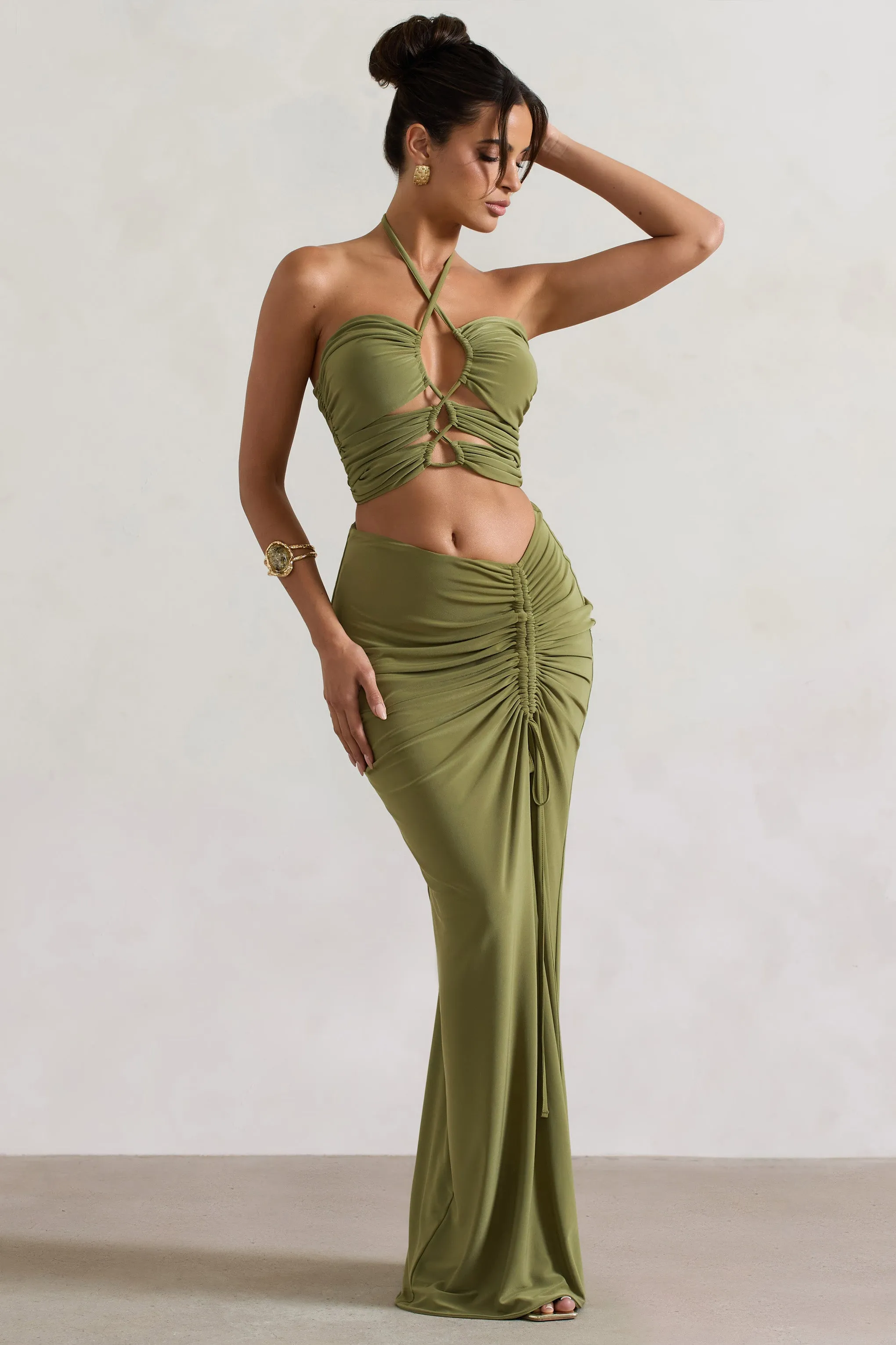 Cabo | Olive Ruched Split Maxi Skirt