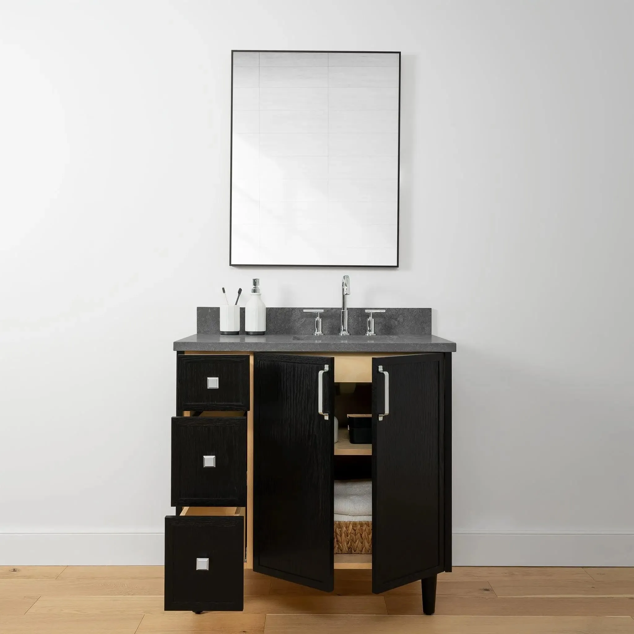 Cape Breton 36" Blackened Oak Bathroom Vanity, Right Sink