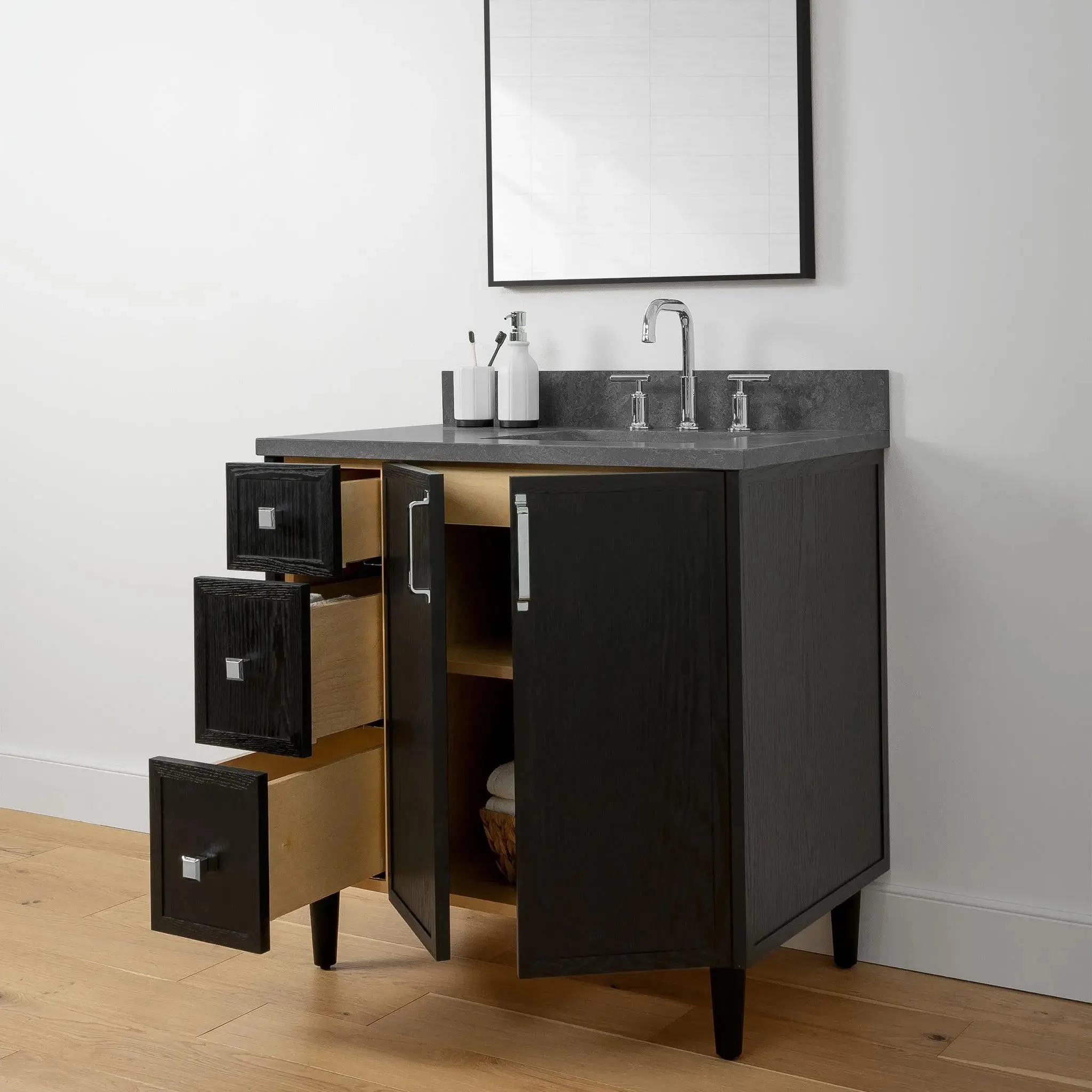 Cape Breton 36" Blackened Oak Bathroom Vanity, Right Sink