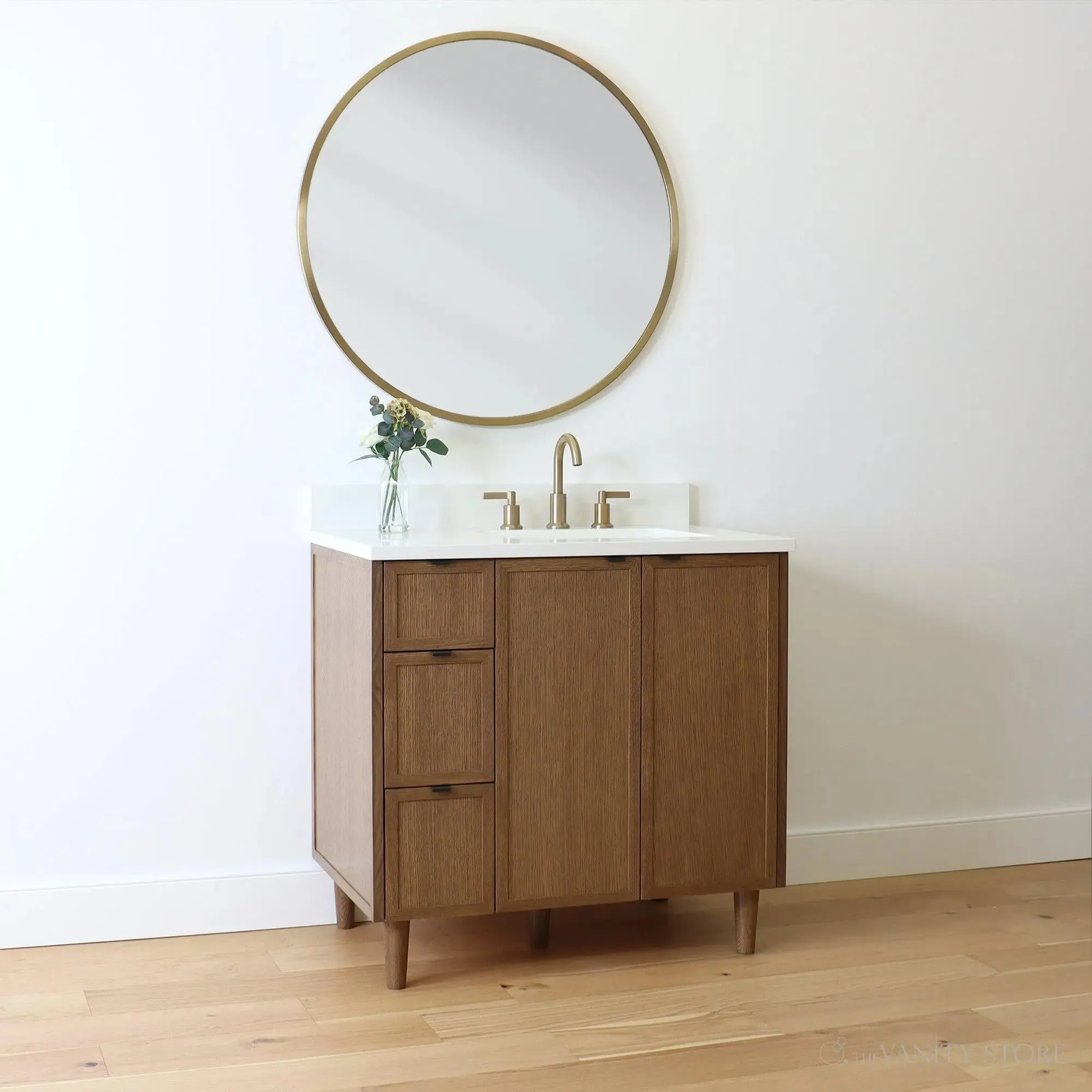 Cape Breton 36" Mid Century Oak Bathroom Vanity, Right Sink