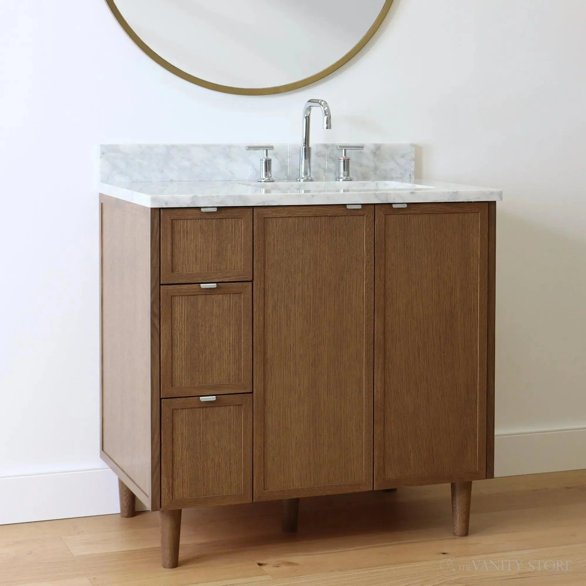 Cape Breton 36" Mid Century Oak Bathroom Vanity, Right Sink