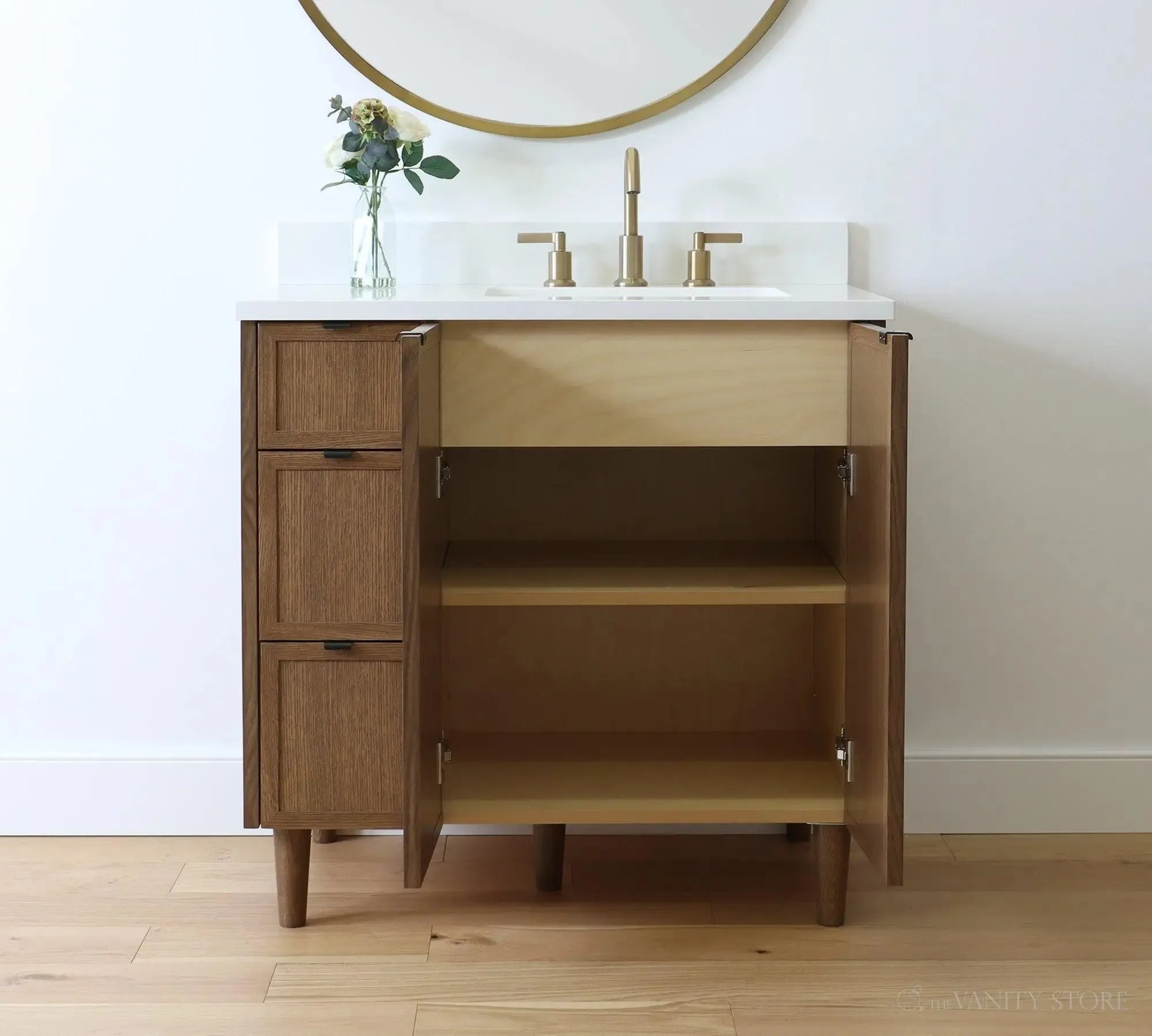 Cape Breton 36" Mid Century Oak Bathroom Vanity, Right Sink