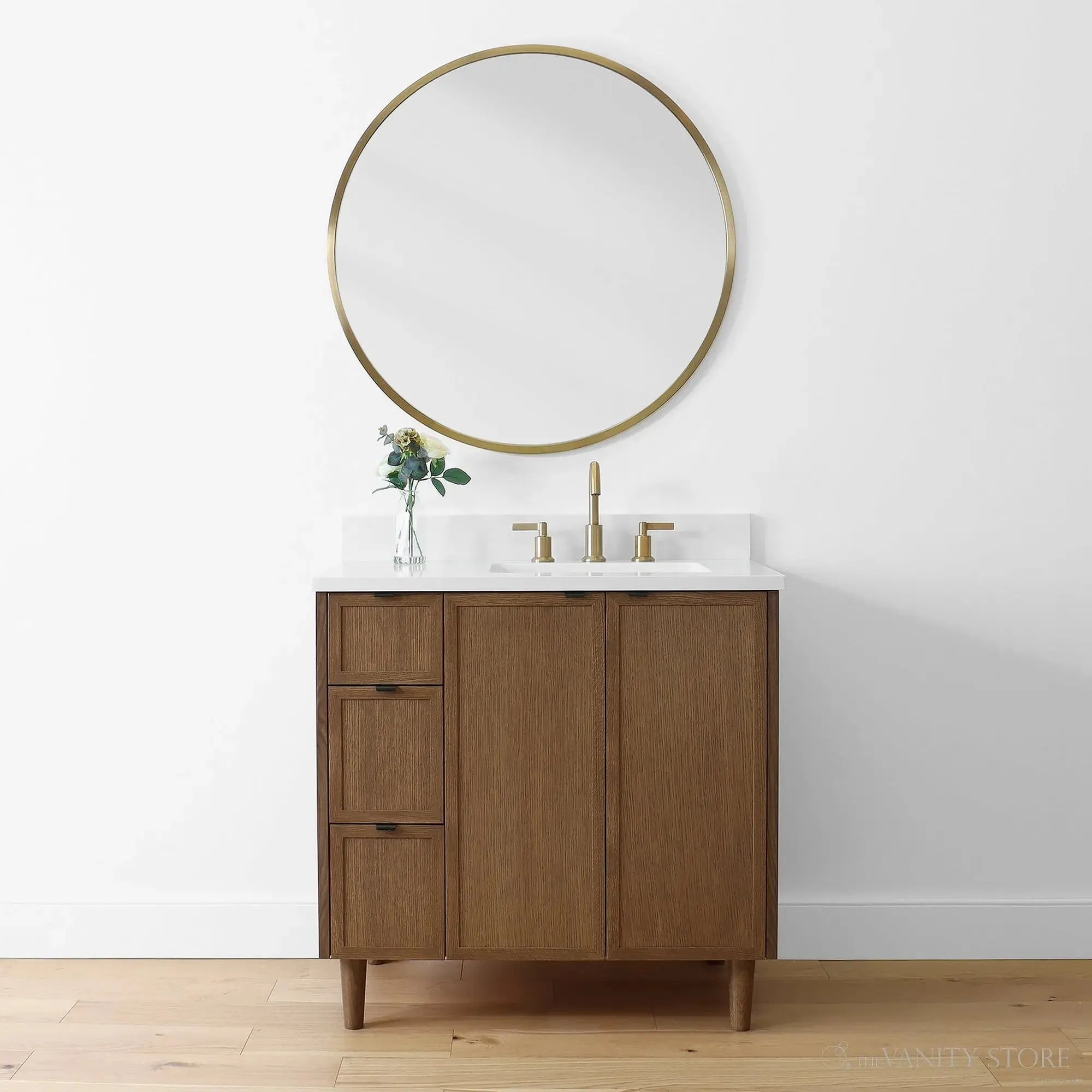 Cape Breton 36" Mid Century Oak Bathroom Vanity, Right Sink