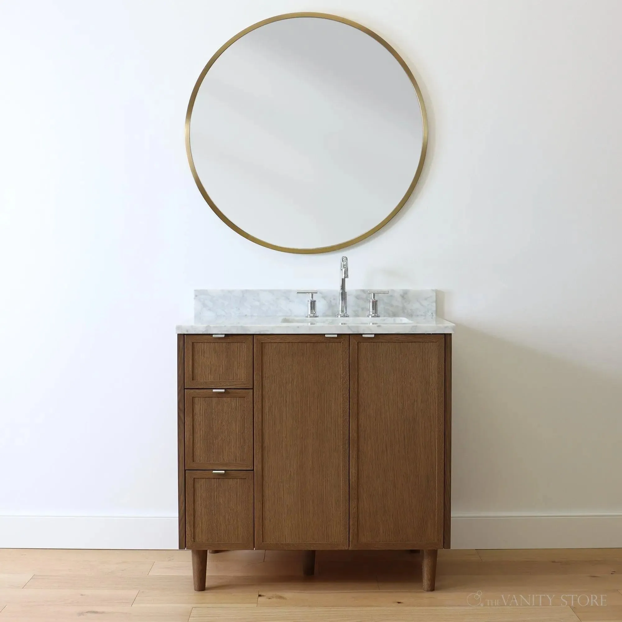 Cape Breton 36" Mid Century Oak Bathroom Vanity, Right Sink