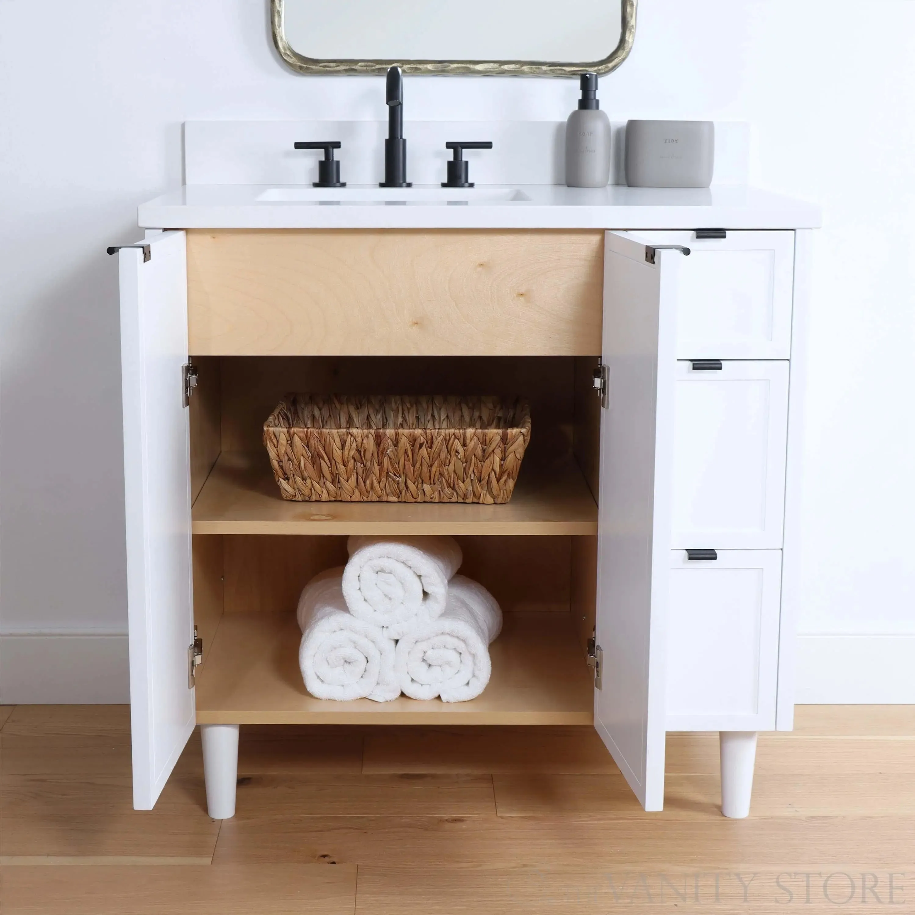 Cape Breton 36" Satin White Bathroom Vanity, Left Sink