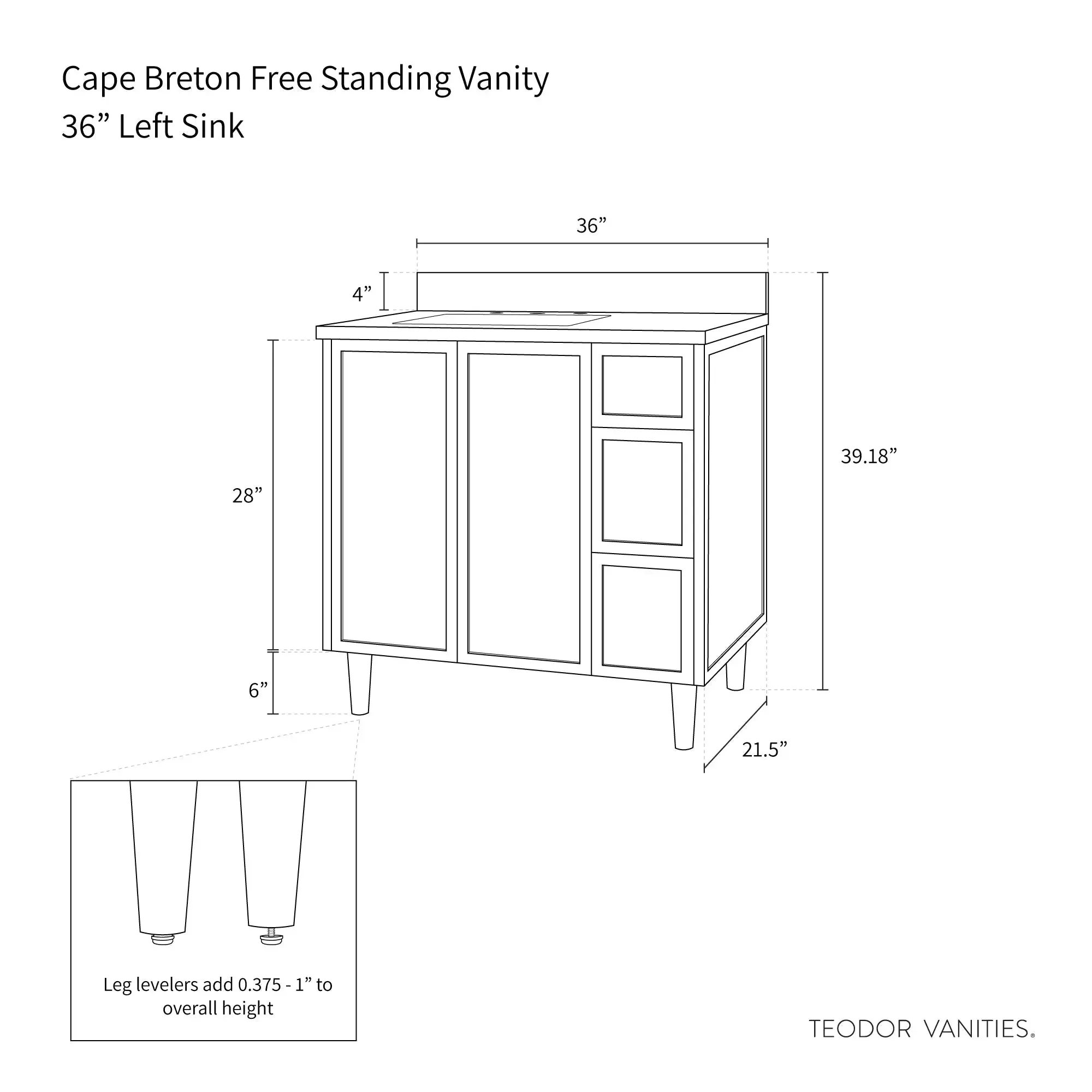 Cape Breton 36" Satin White Bathroom Vanity, Left Sink