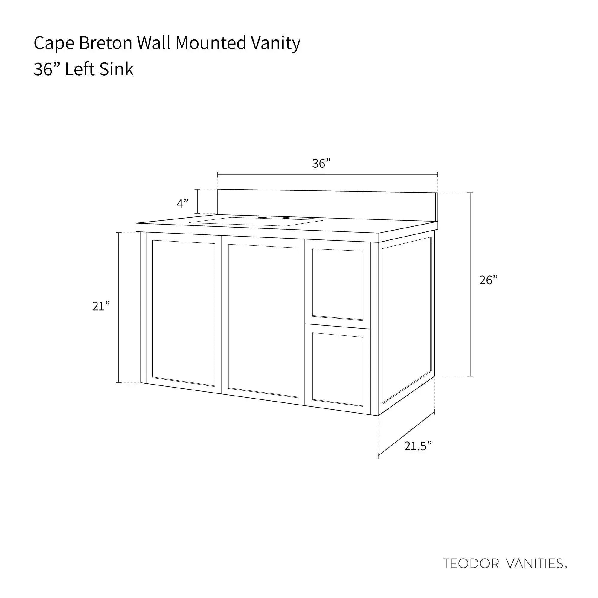 Cape Breton 36" Wall Mount Blackened Oak Bathroom Vanity, Left Sink