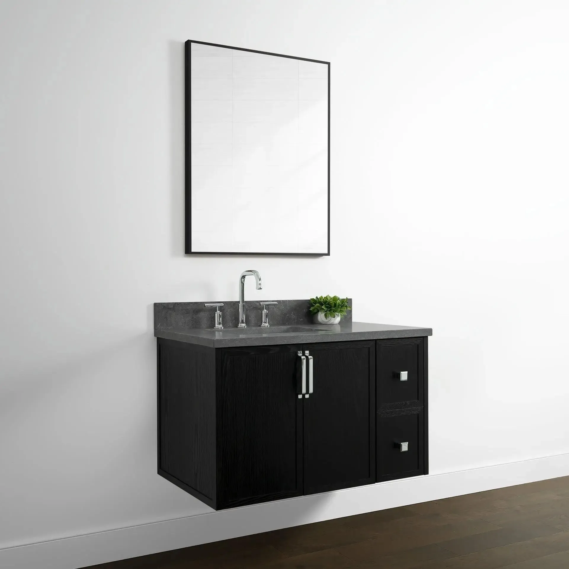 Cape Breton 36" Wall Mount Blackened Oak Bathroom Vanity, Left Sink