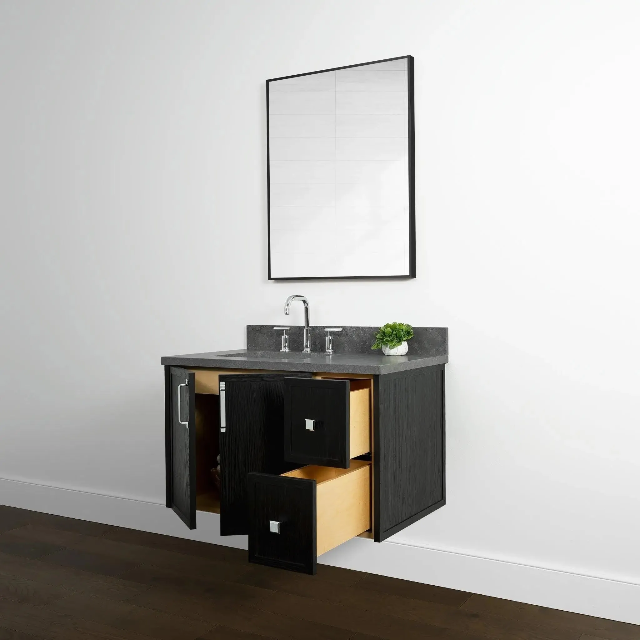 Cape Breton 36" Wall Mount Blackened Oak Bathroom Vanity, Left Sink