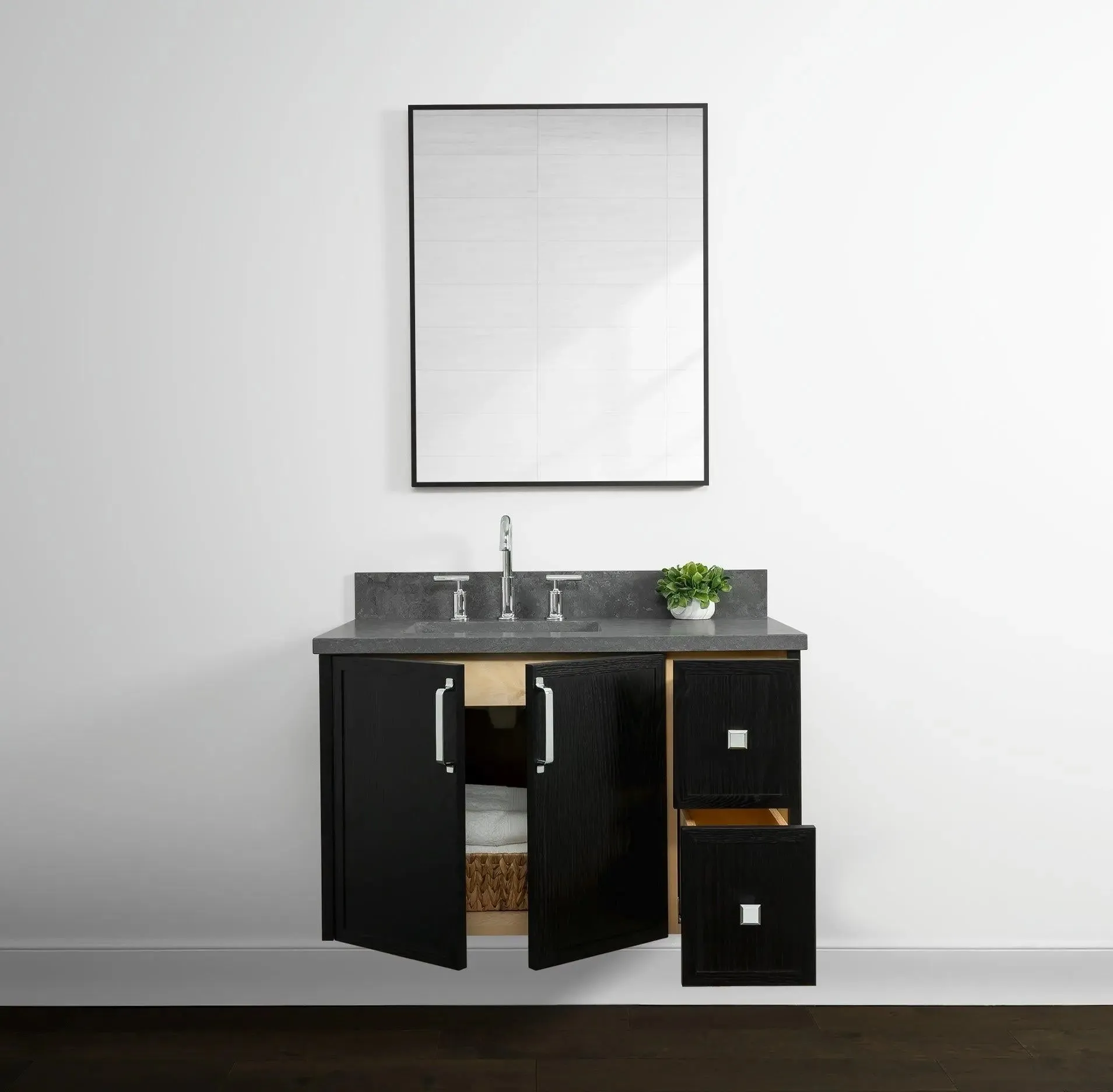 Cape Breton 36" Wall Mount Blackened Oak Bathroom Vanity, Left Sink