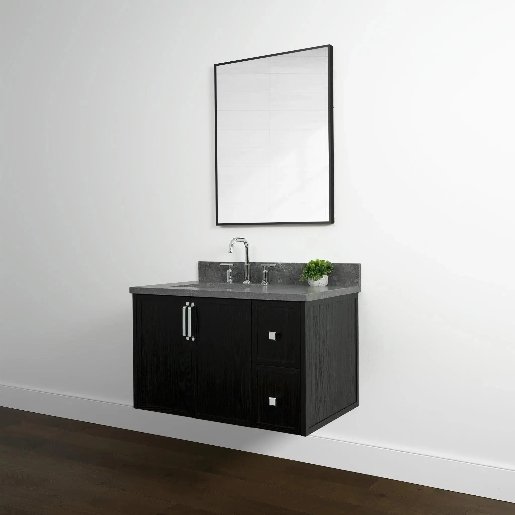 Cape Breton 36" Wall Mount Blackened Oak Bathroom Vanity, Left Sink