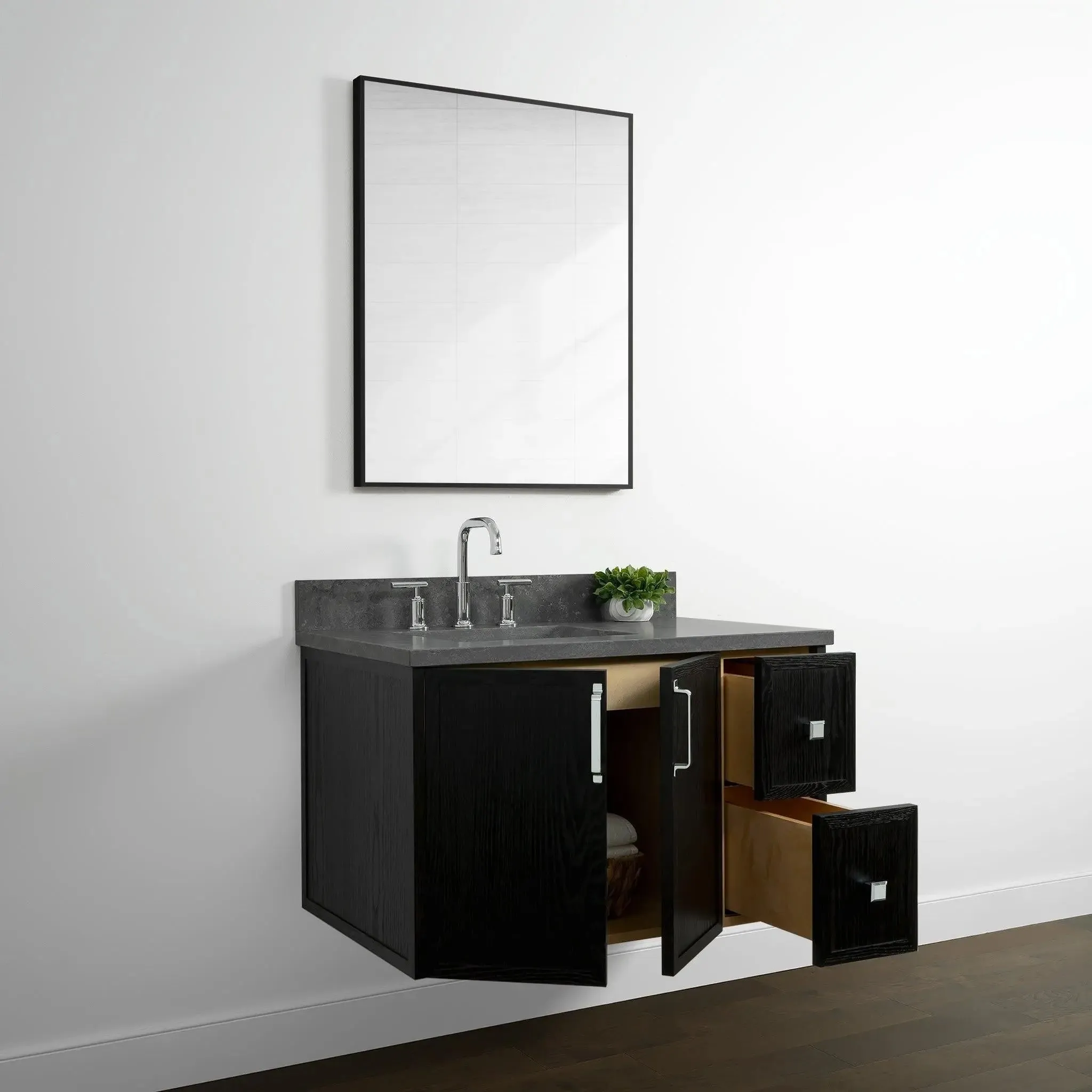 Cape Breton 36" Wall Mount Blackened Oak Bathroom Vanity, Left Sink