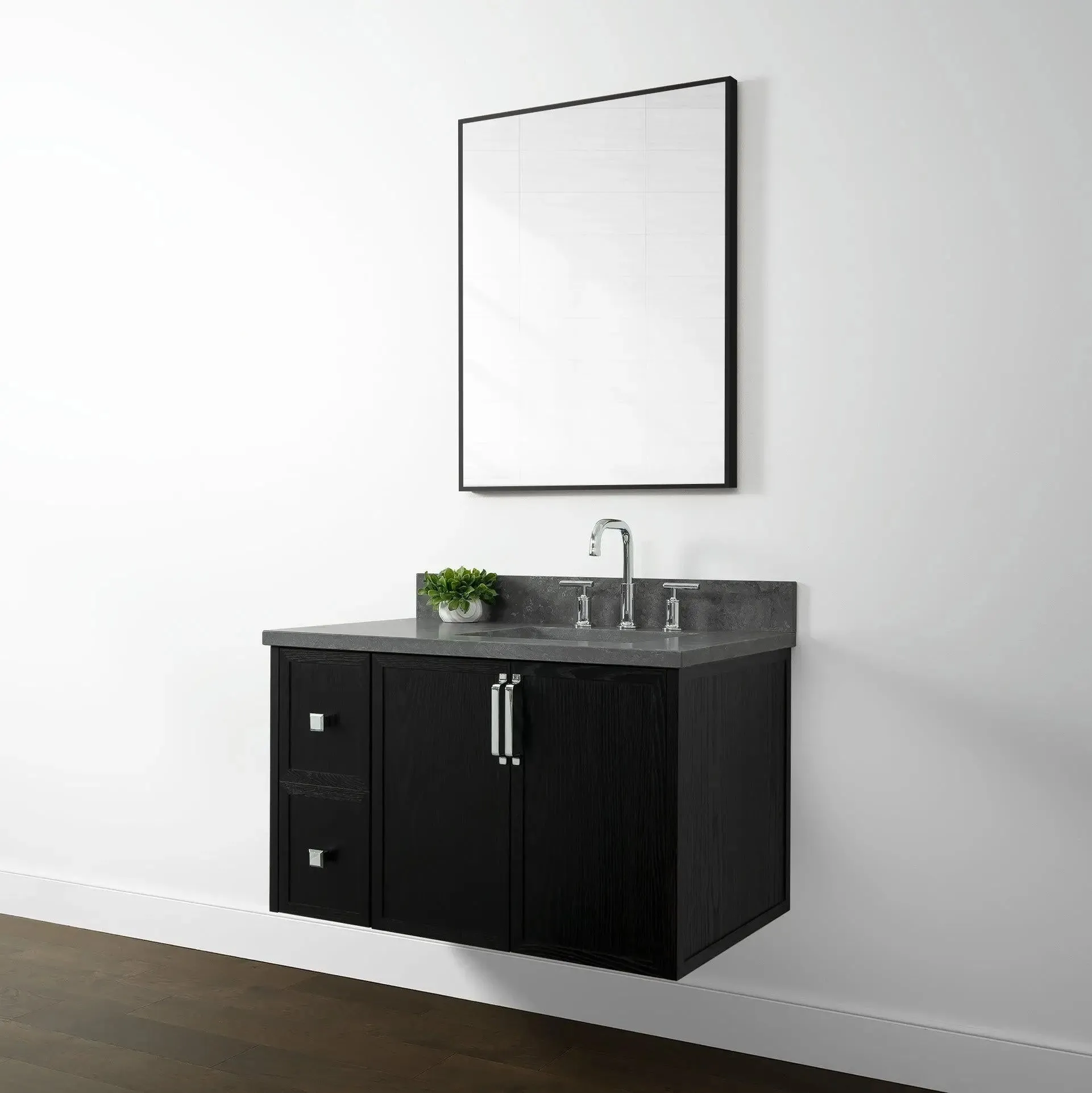 Cape Breton 36" Wall Mount Blackened Oak Bathroom Vanity, Right Sink