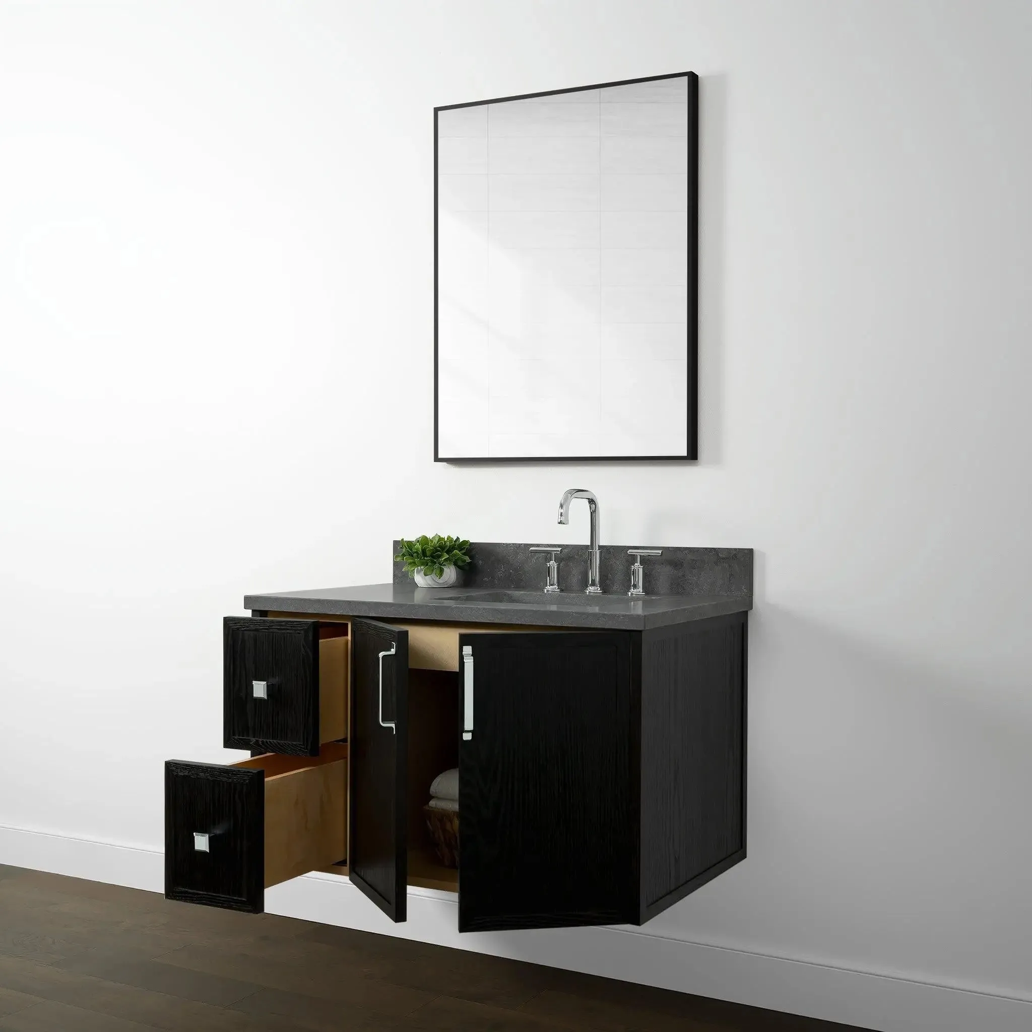 Cape Breton 36" Wall Mount Blackened Oak Bathroom Vanity, Right Sink