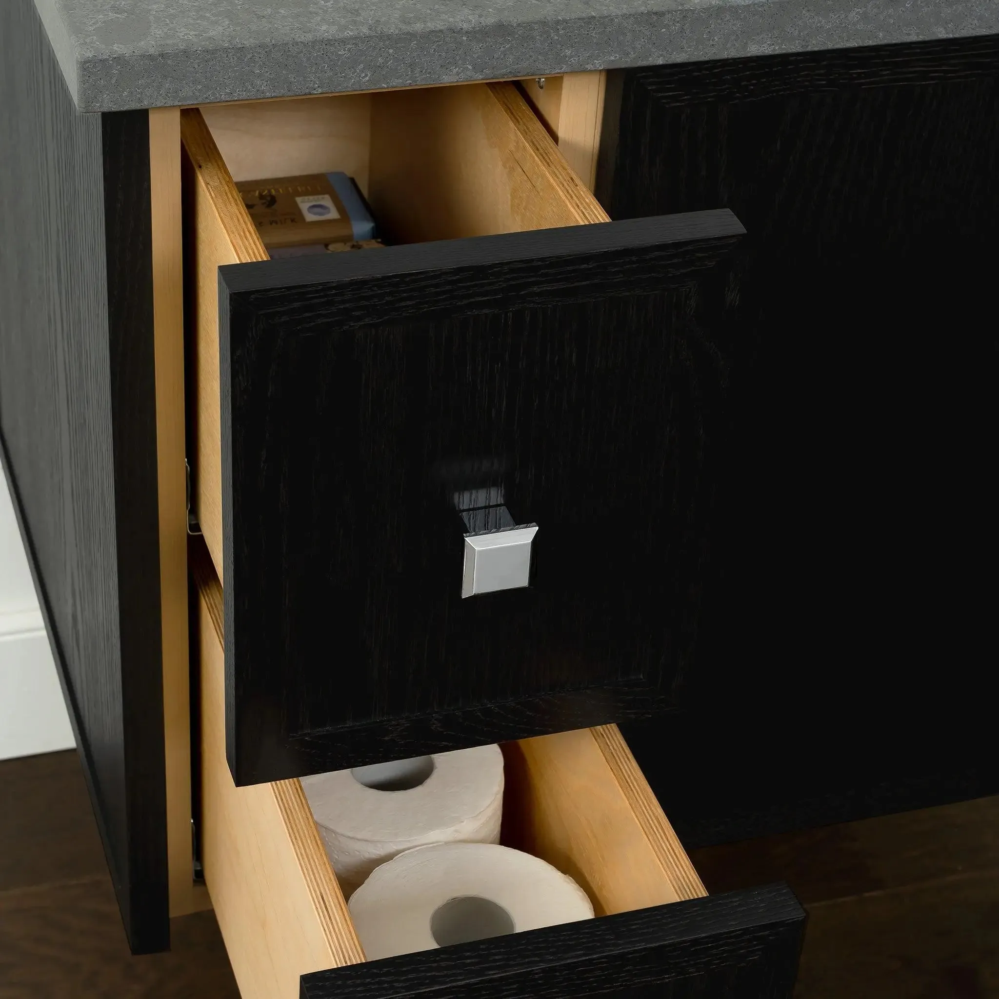 Cape Breton 36" Wall Mount Blackened Oak Bathroom Vanity, Right Sink