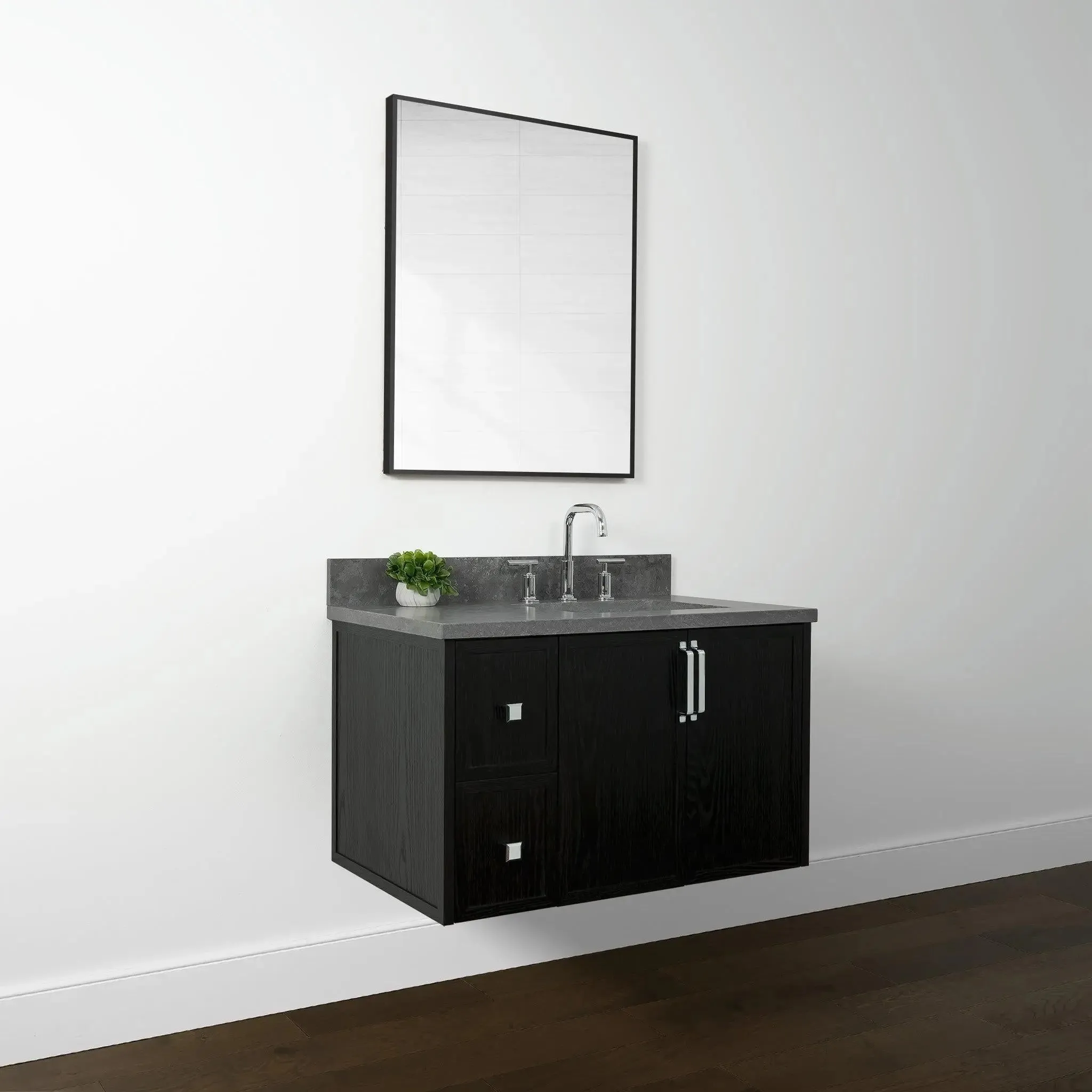 Cape Breton 36" Wall Mount Blackened Oak Bathroom Vanity, Right Sink