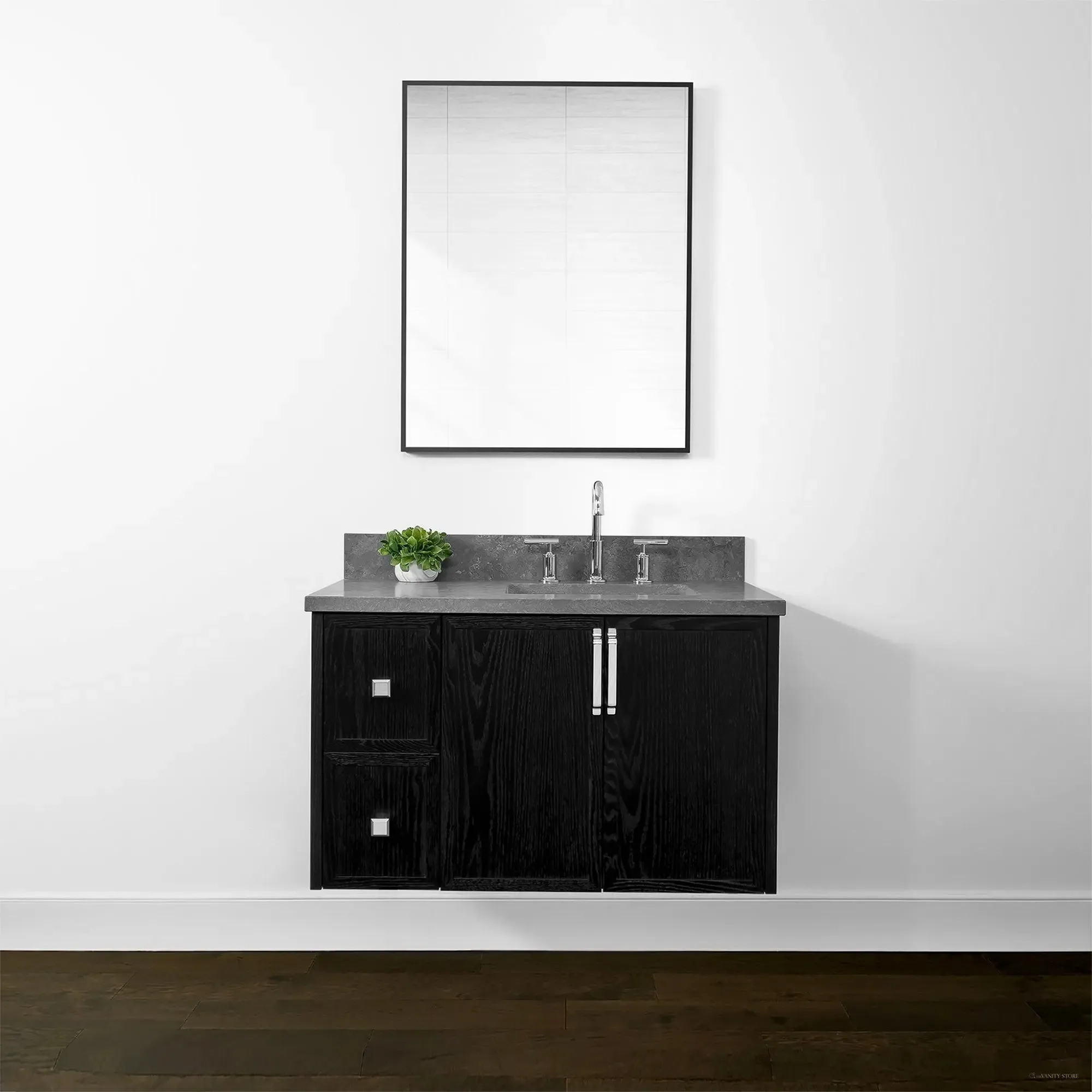 Cape Breton 36" Wall Mount Blackened Oak Bathroom Vanity, Right Sink