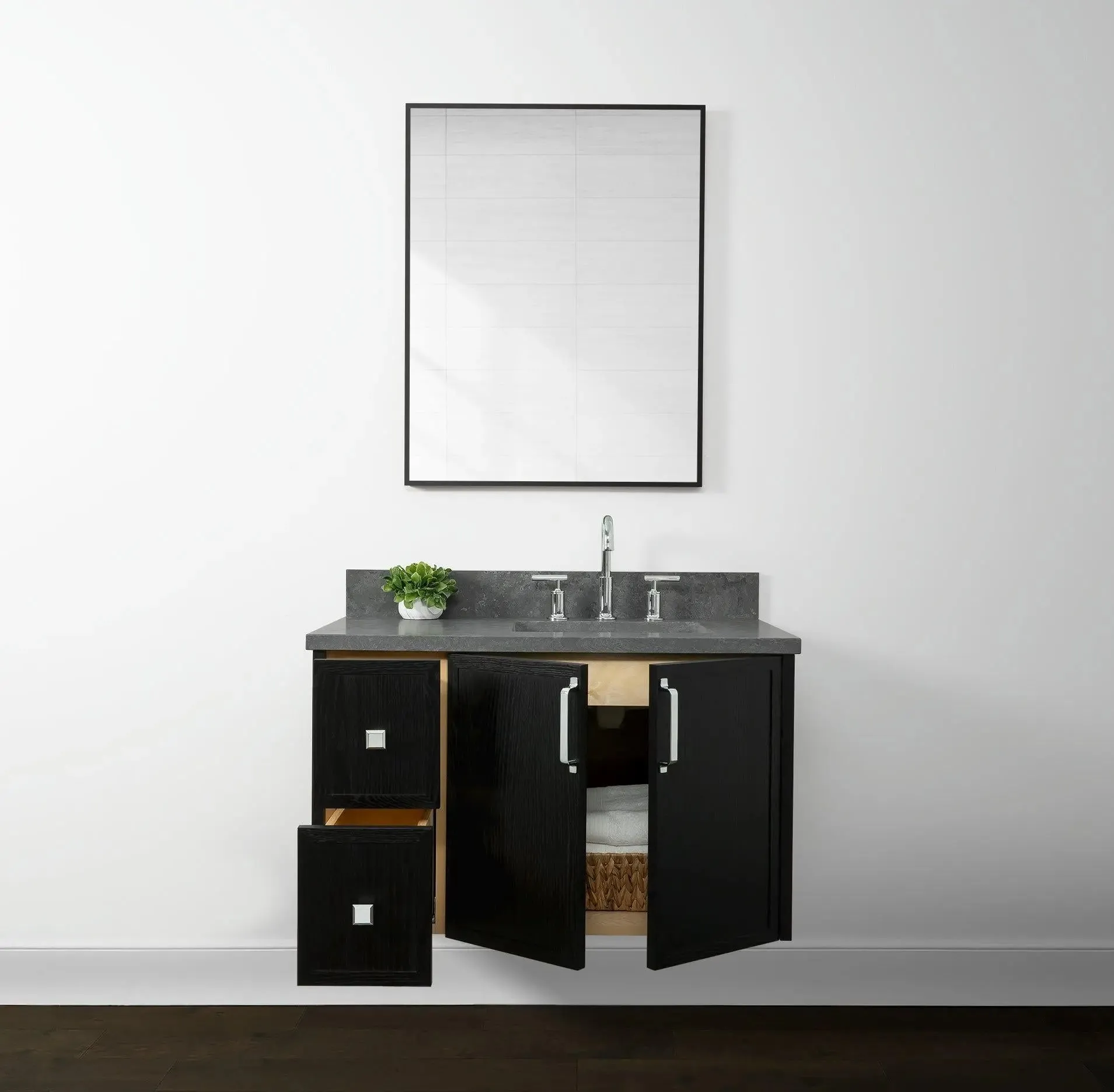 Cape Breton 36" Wall Mount Blackened Oak Bathroom Vanity, Right Sink