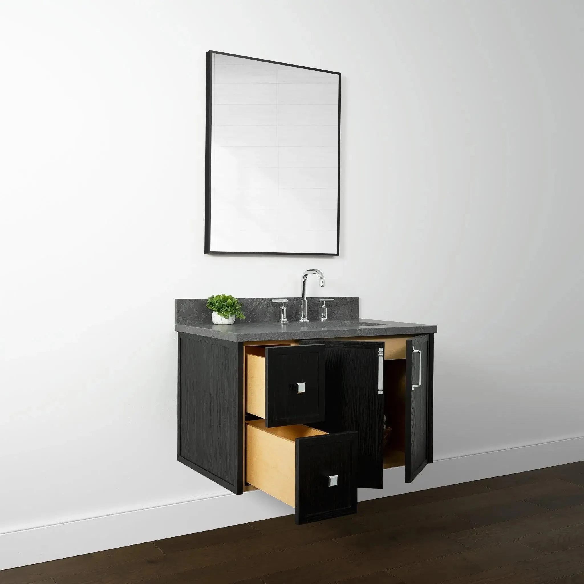 Cape Breton 36" Wall Mount Blackened Oak Bathroom Vanity, Right Sink