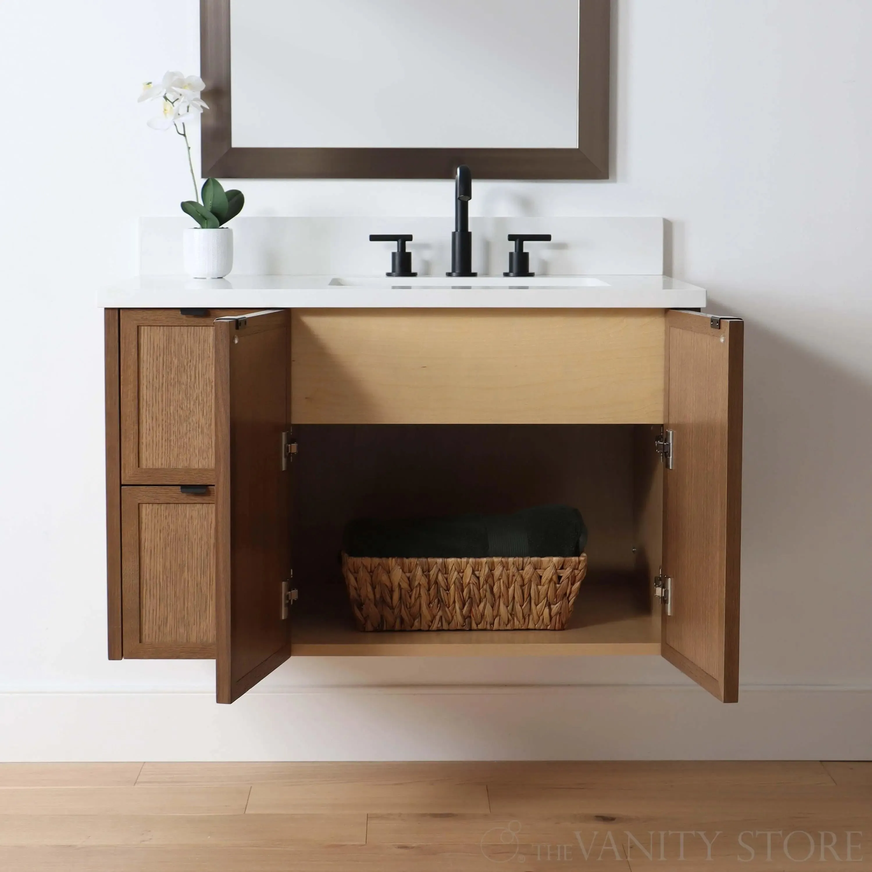 Cape Breton 36" Wall Mount Mid Century Oak Bathroom Vanity, Right Sink