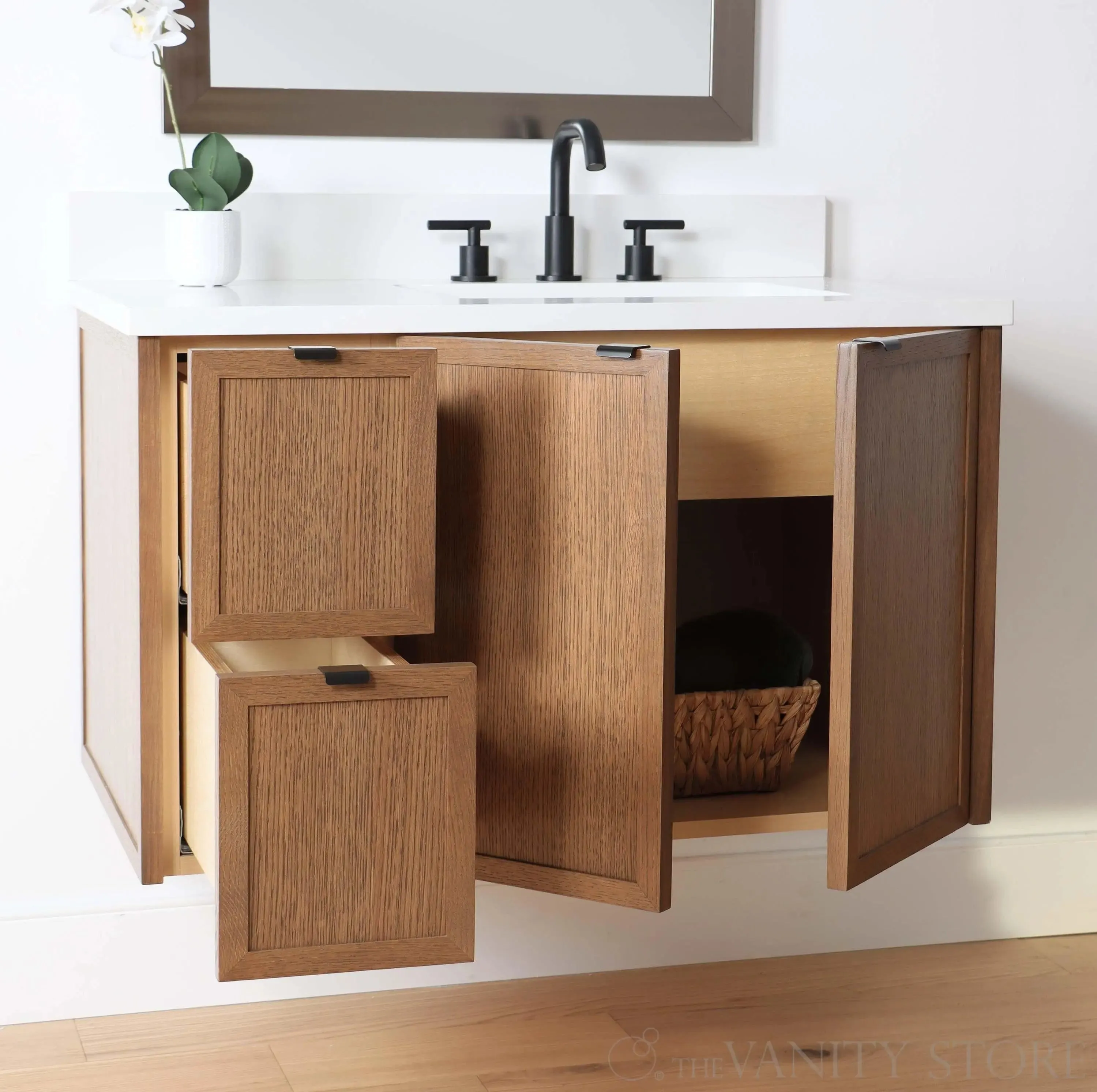 Cape Breton 36" Wall Mount Mid Century Oak Bathroom Vanity, Right Sink