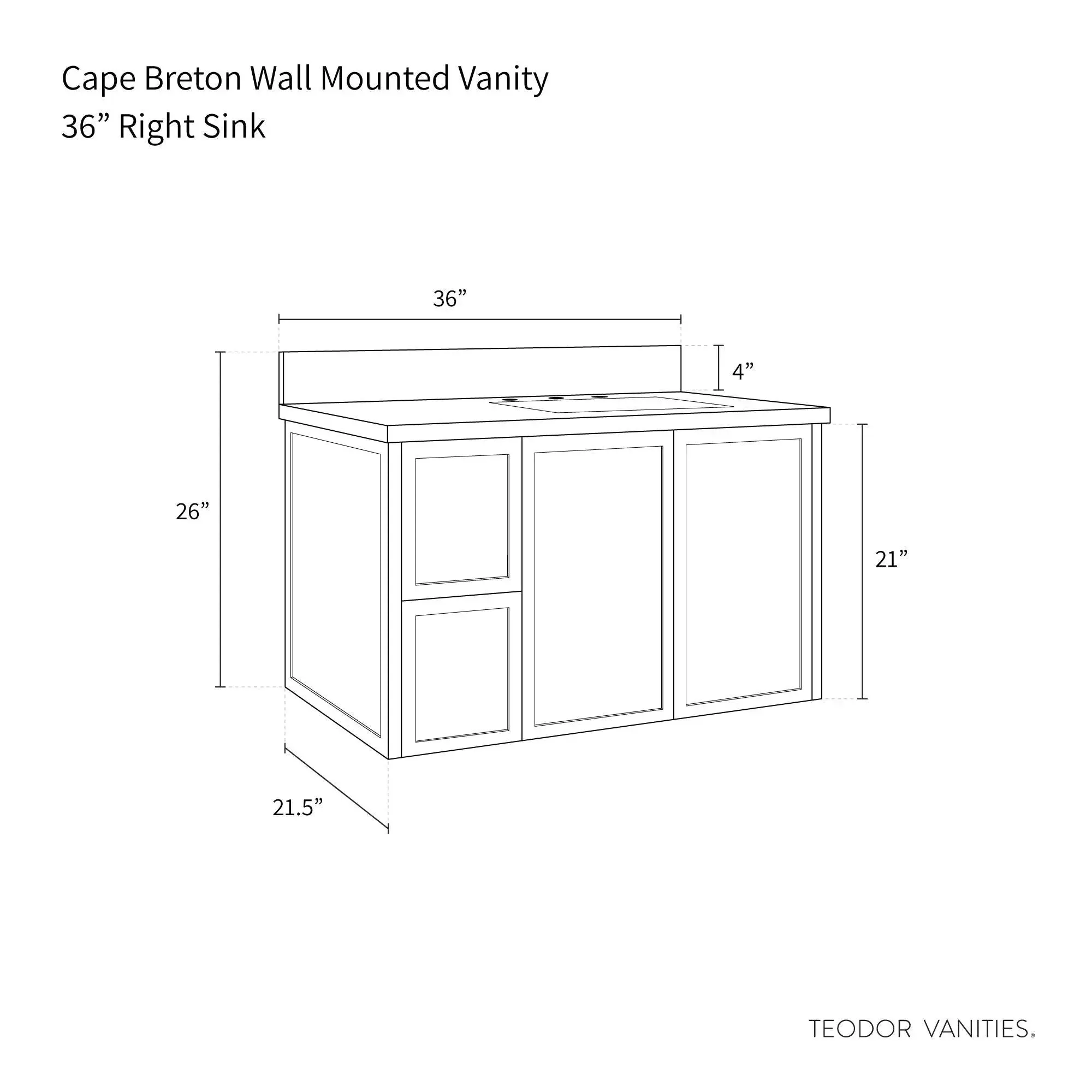 Cape Breton 36" Wall Mount Mid Century Oak Bathroom Vanity, Right Sink