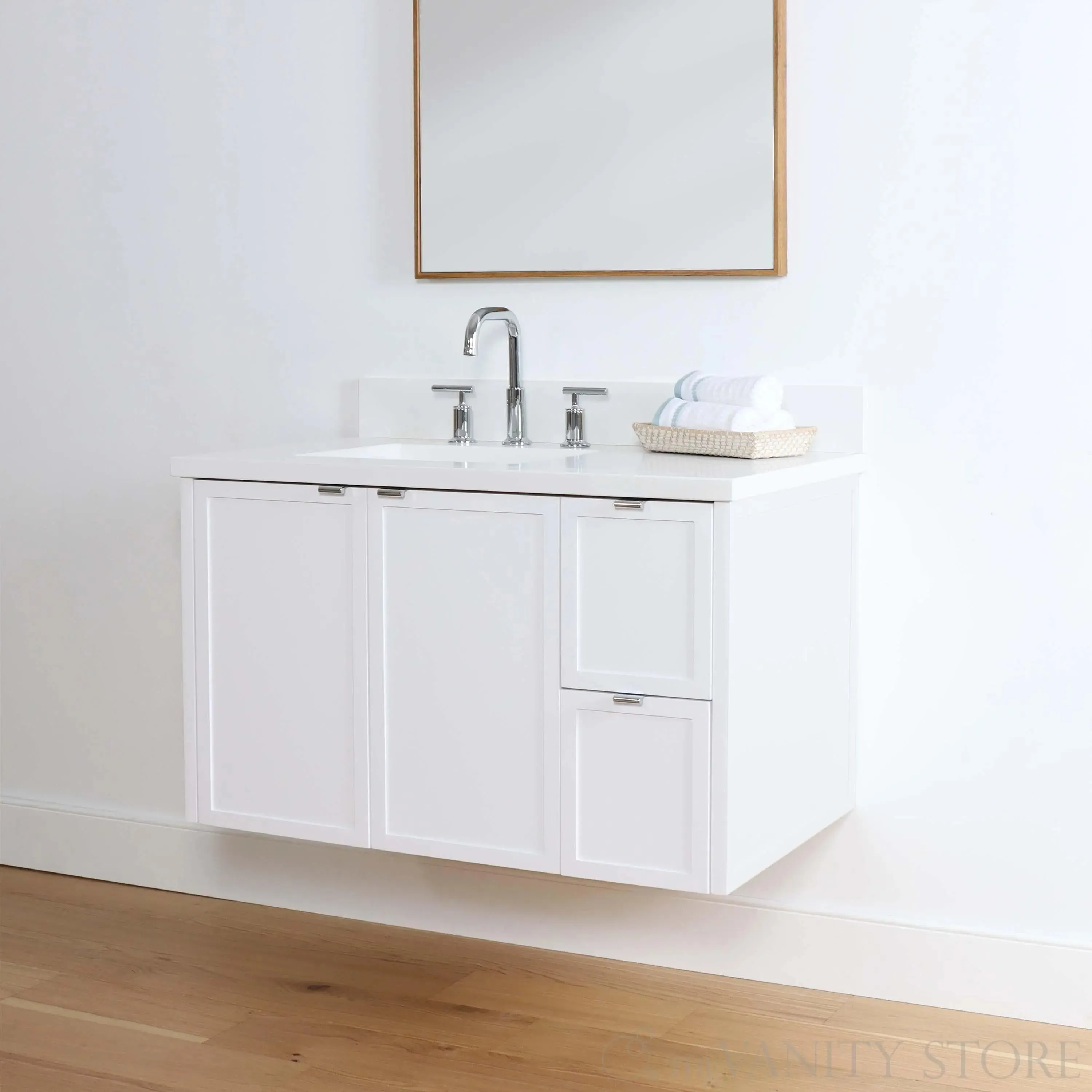 Cape Breton 36" Wall Mount Satin White Bathroom Vanity, Left Sink