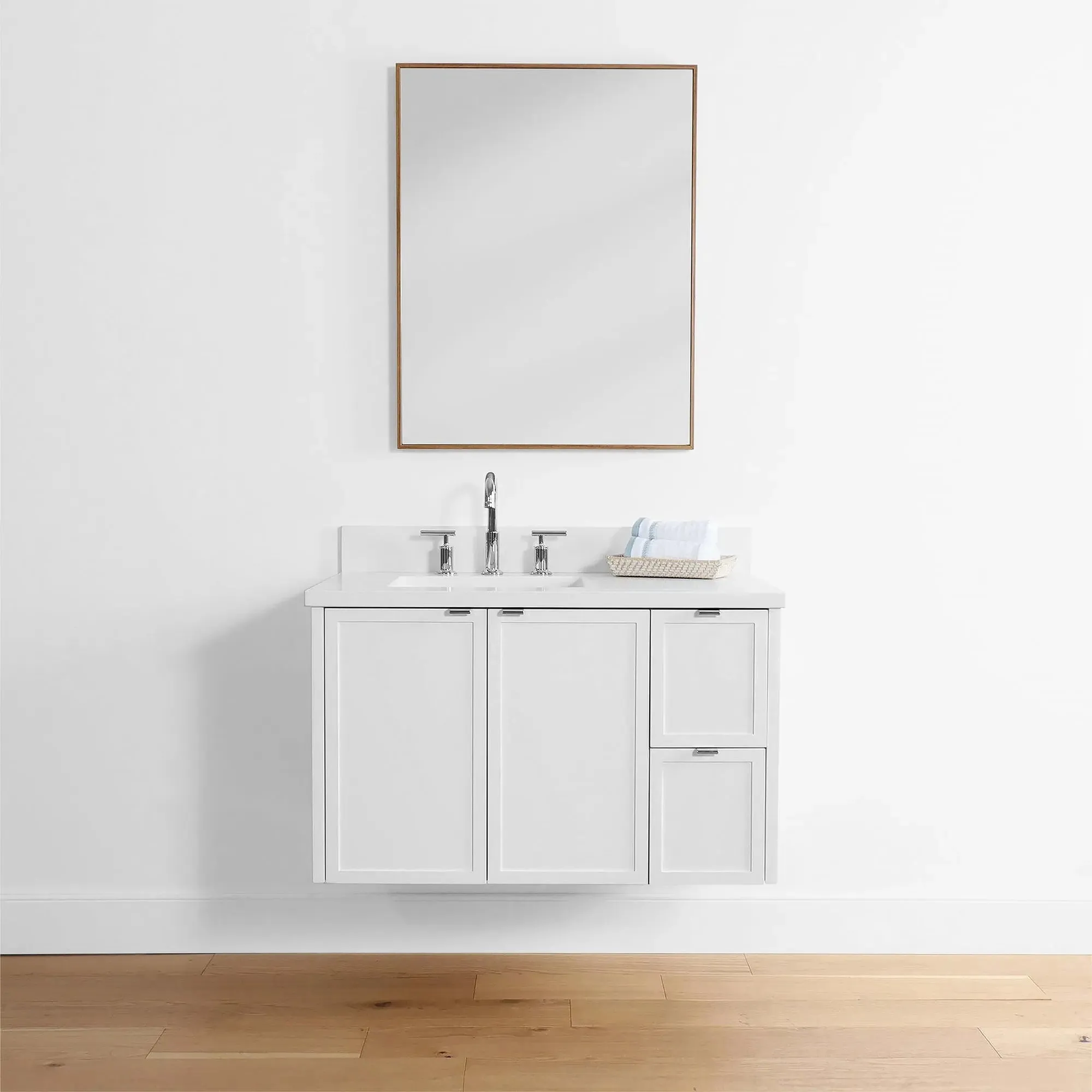 Cape Breton 36" Wall Mount Satin White Bathroom Vanity, Left Sink