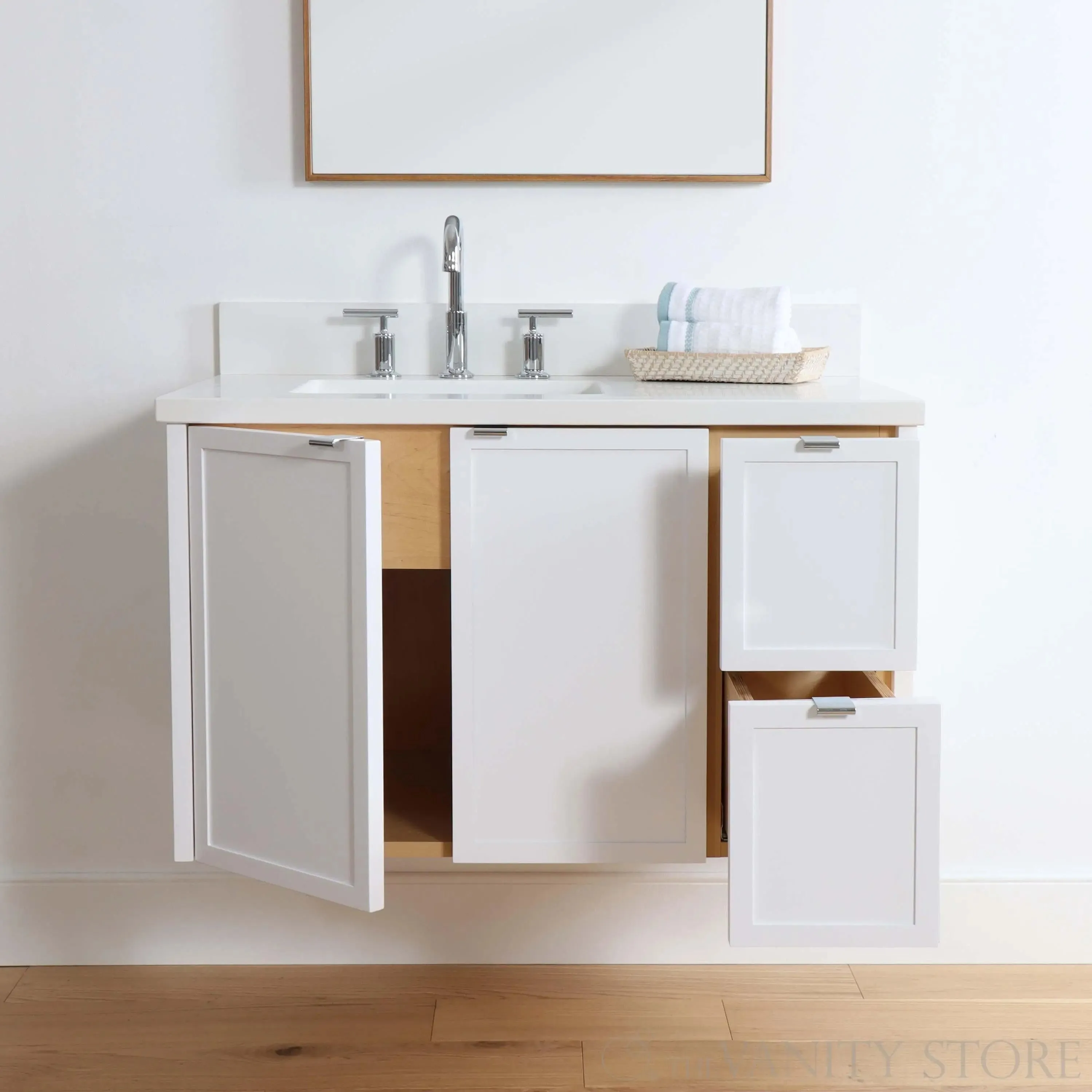 Cape Breton 36" Wall Mount Satin White Bathroom Vanity, Left Sink