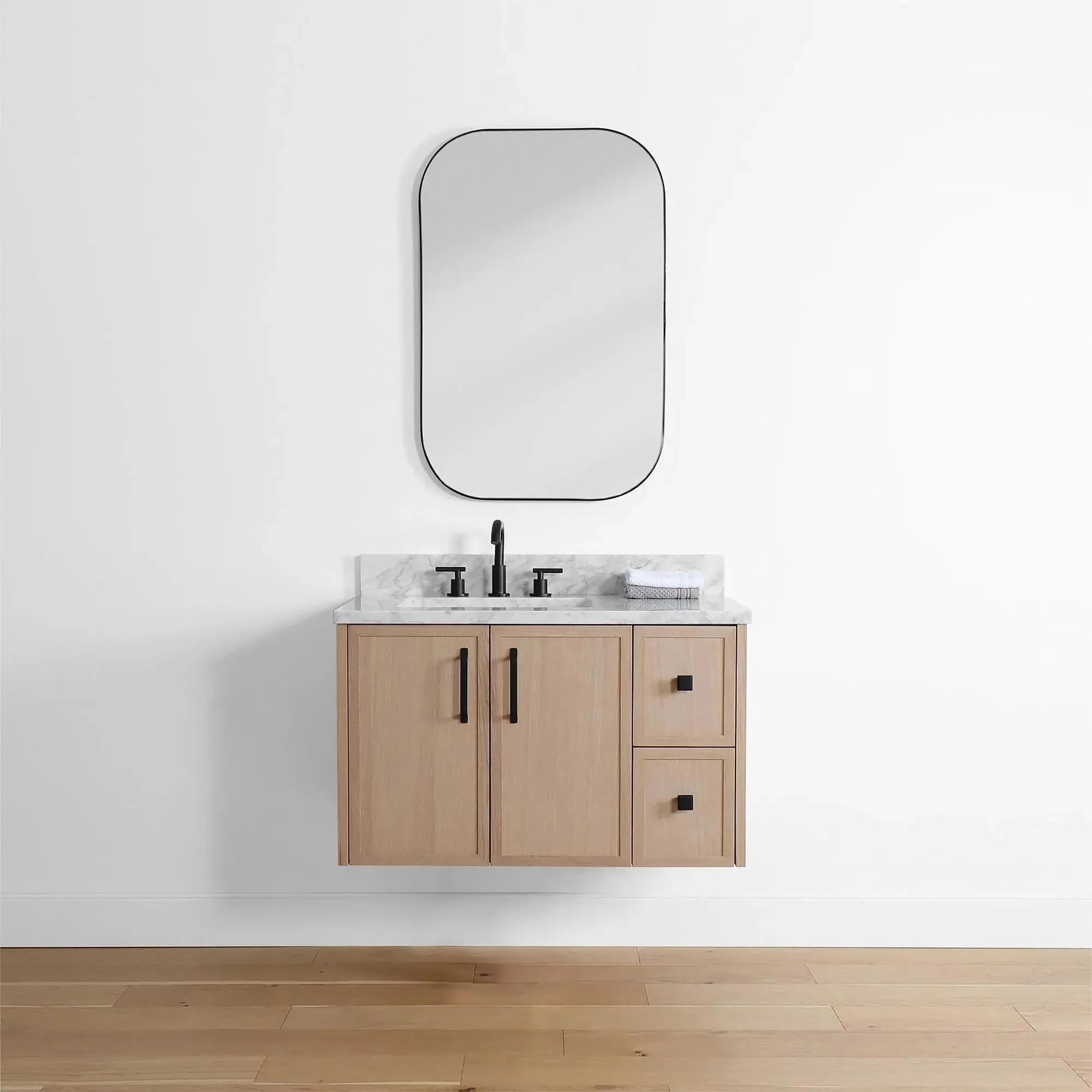 Cape Breton 36" Wall Mount White Oak Bathroom Vanity, Left Sink