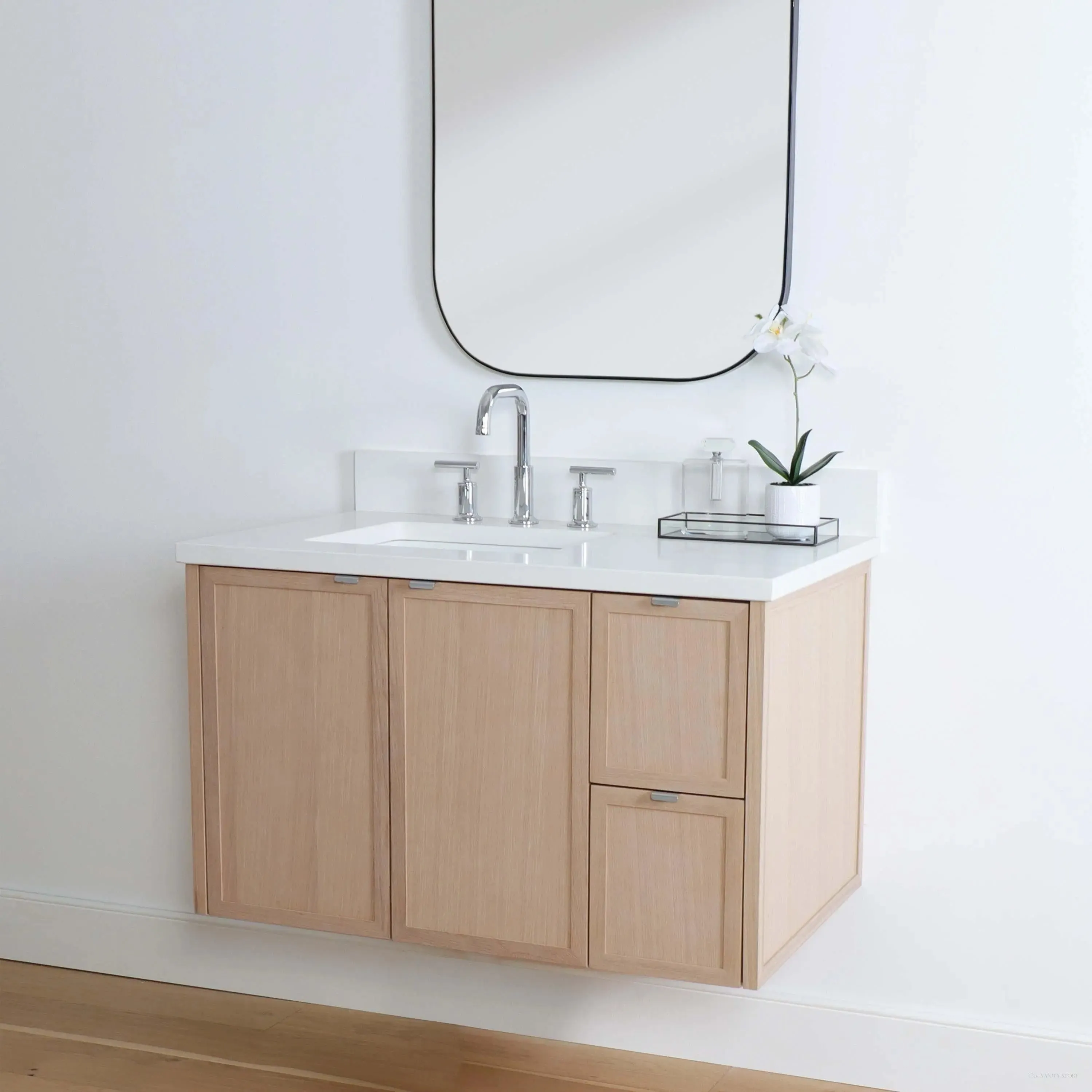 Cape Breton 36" Wall Mount White Oak Bathroom Vanity, Left Sink