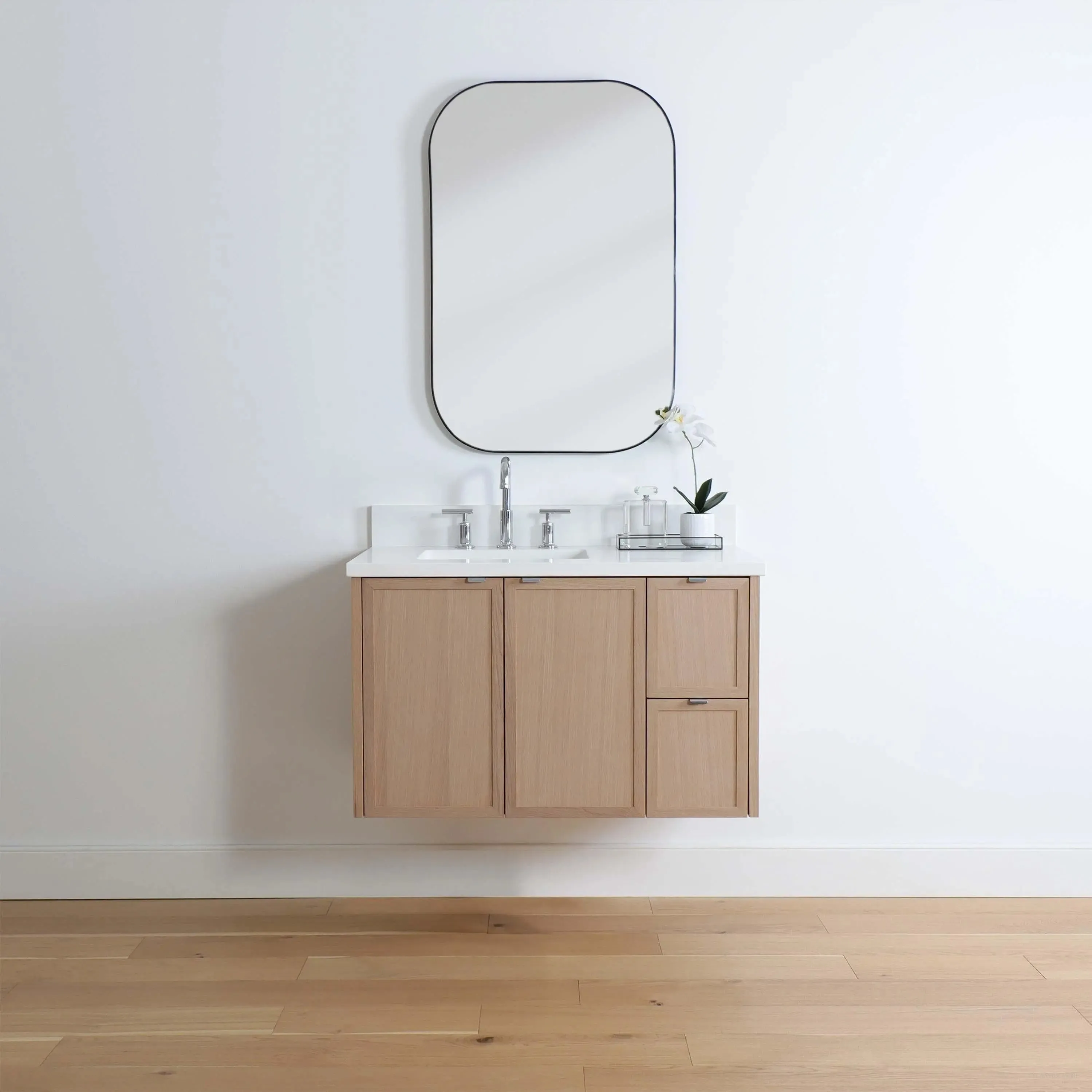 Cape Breton 36" Wall Mount White Oak Bathroom Vanity, Left Sink