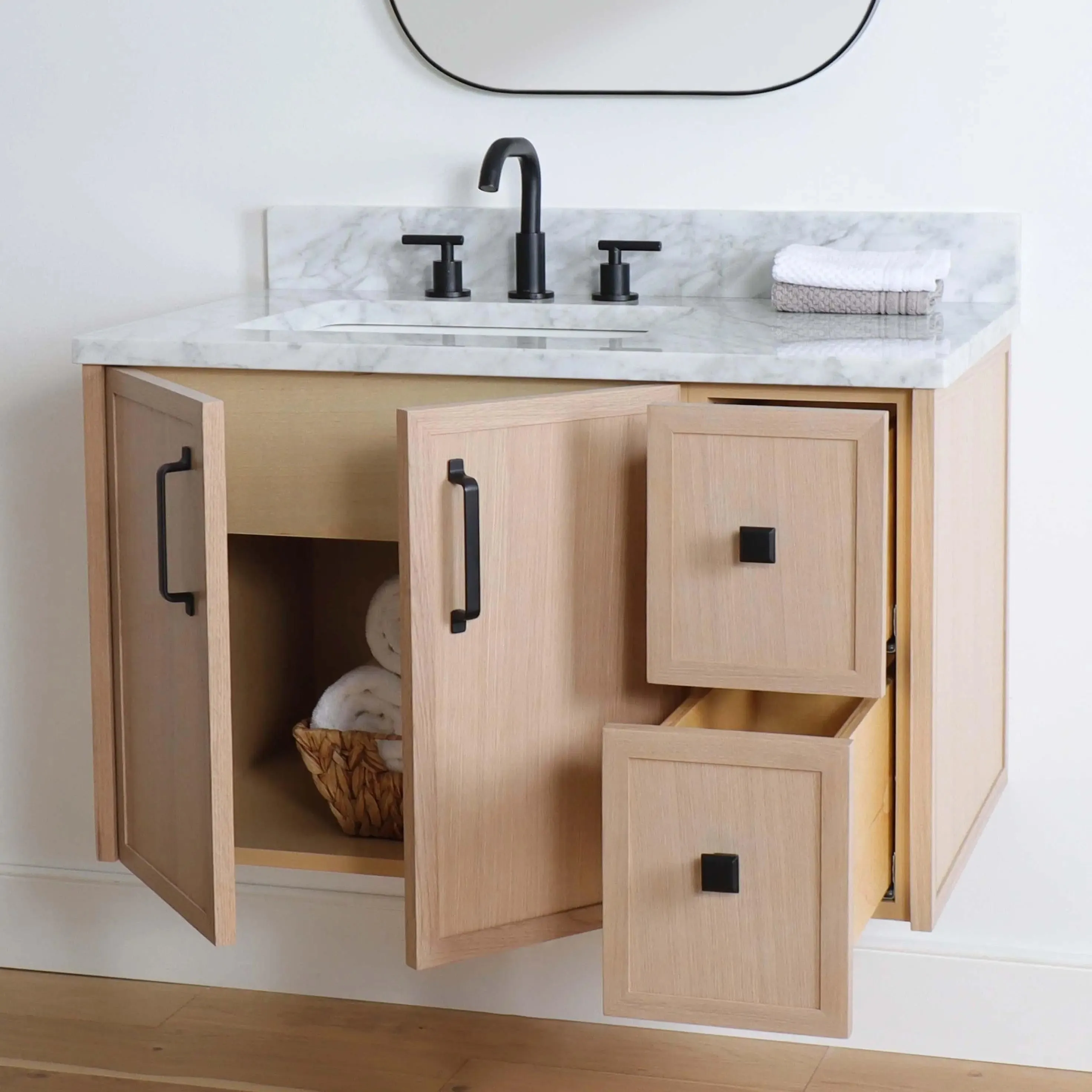 Cape Breton 36" Wall Mount White Oak Bathroom Vanity, Left Sink