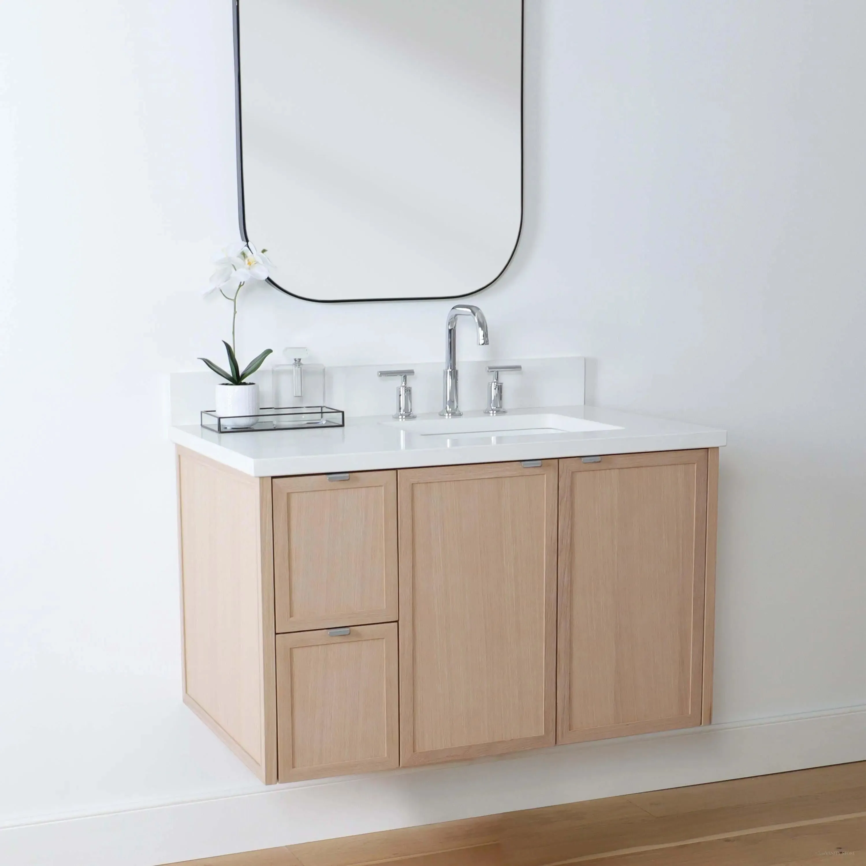 Cape Breton 36" Wall Mount White Oak Bathroom Vanity, Right Sink