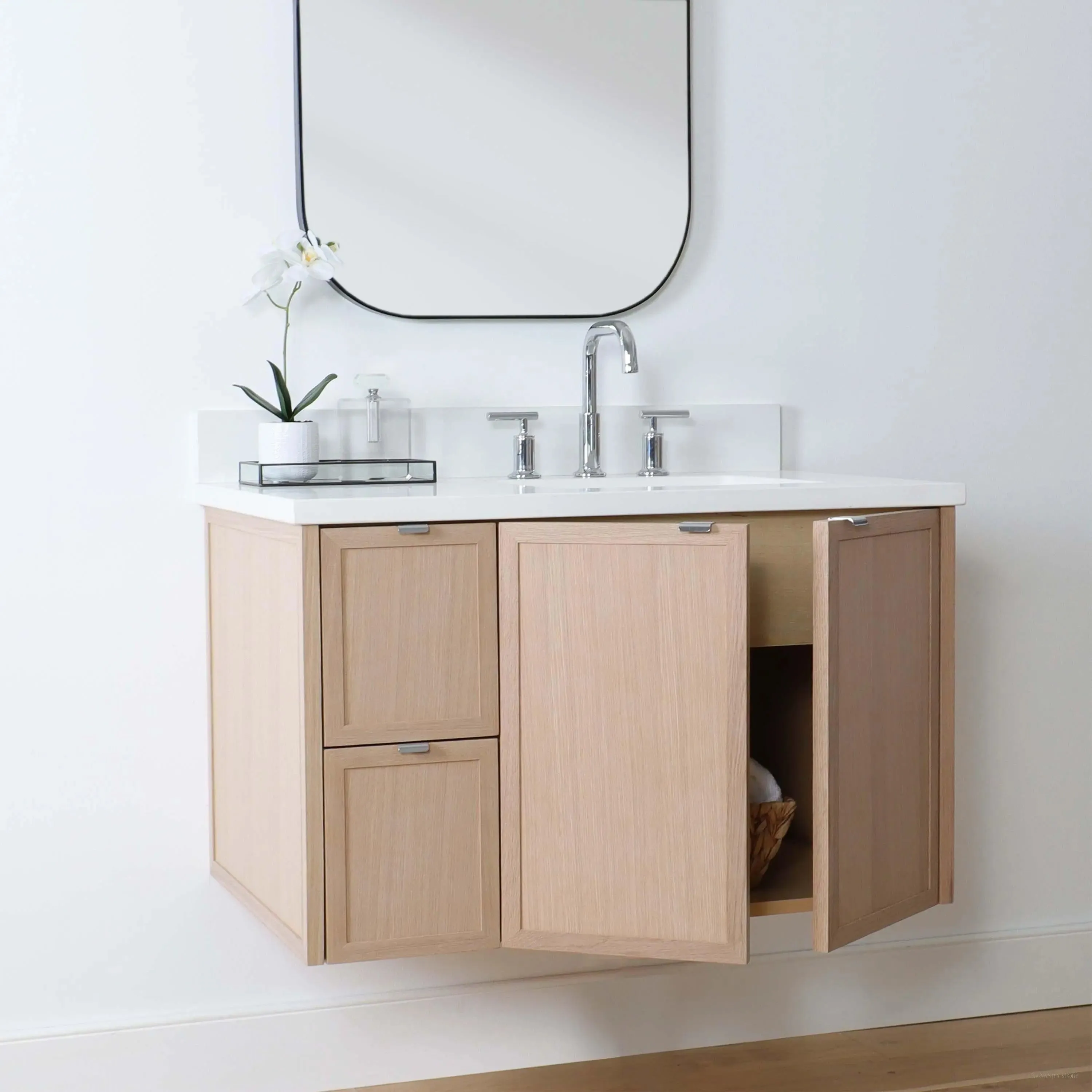 Cape Breton 36" Wall Mount White Oak Bathroom Vanity, Right Sink