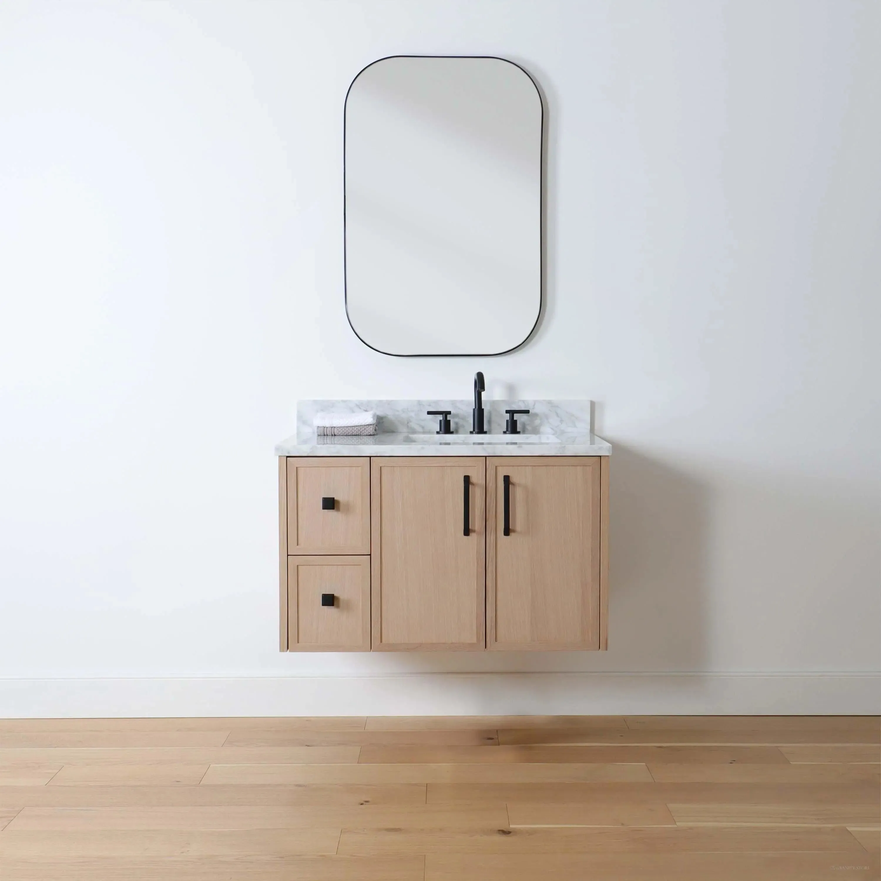 Cape Breton 36" Wall Mount White Oak Bathroom Vanity, Right Sink