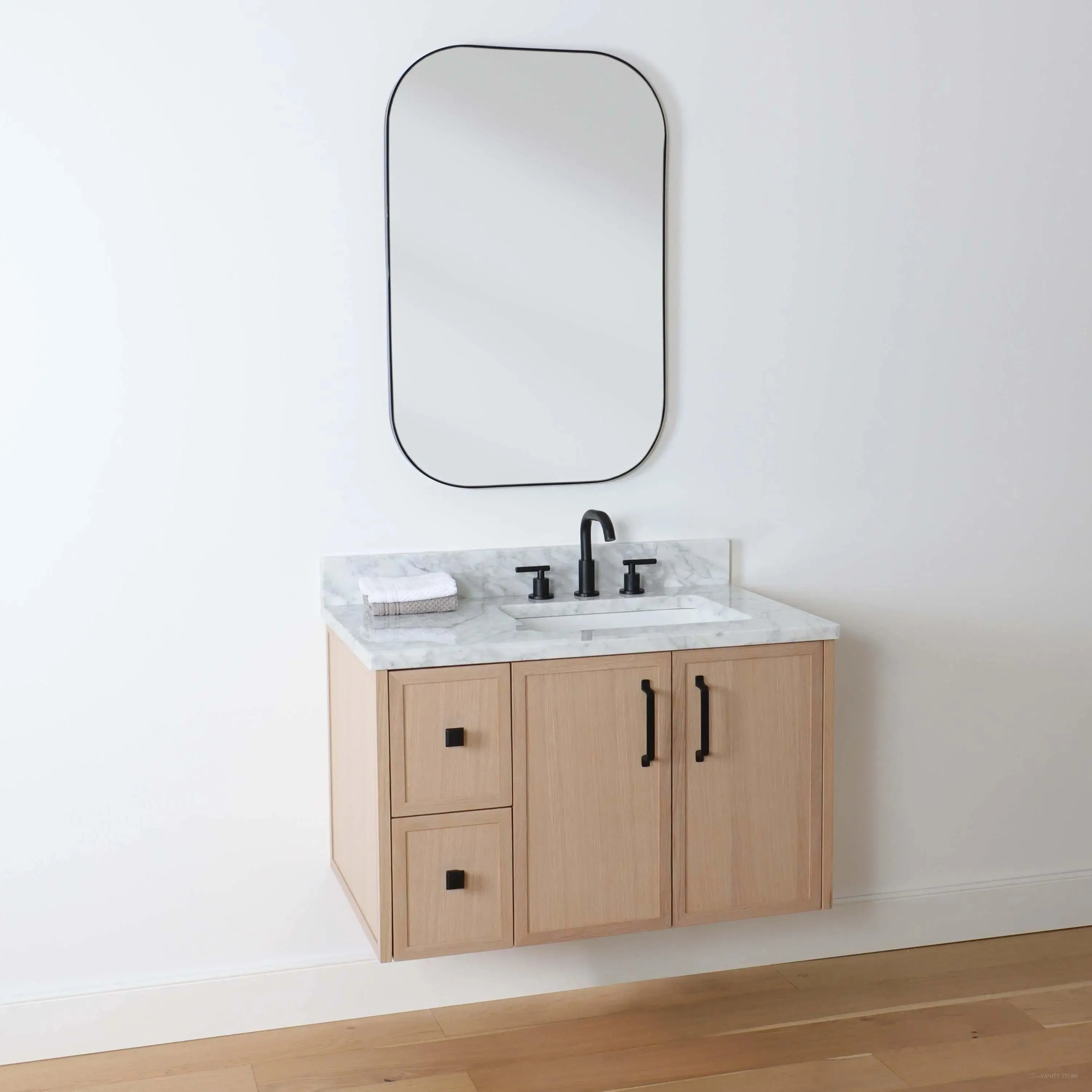 Cape Breton 36" Wall Mount White Oak Bathroom Vanity, Right Sink