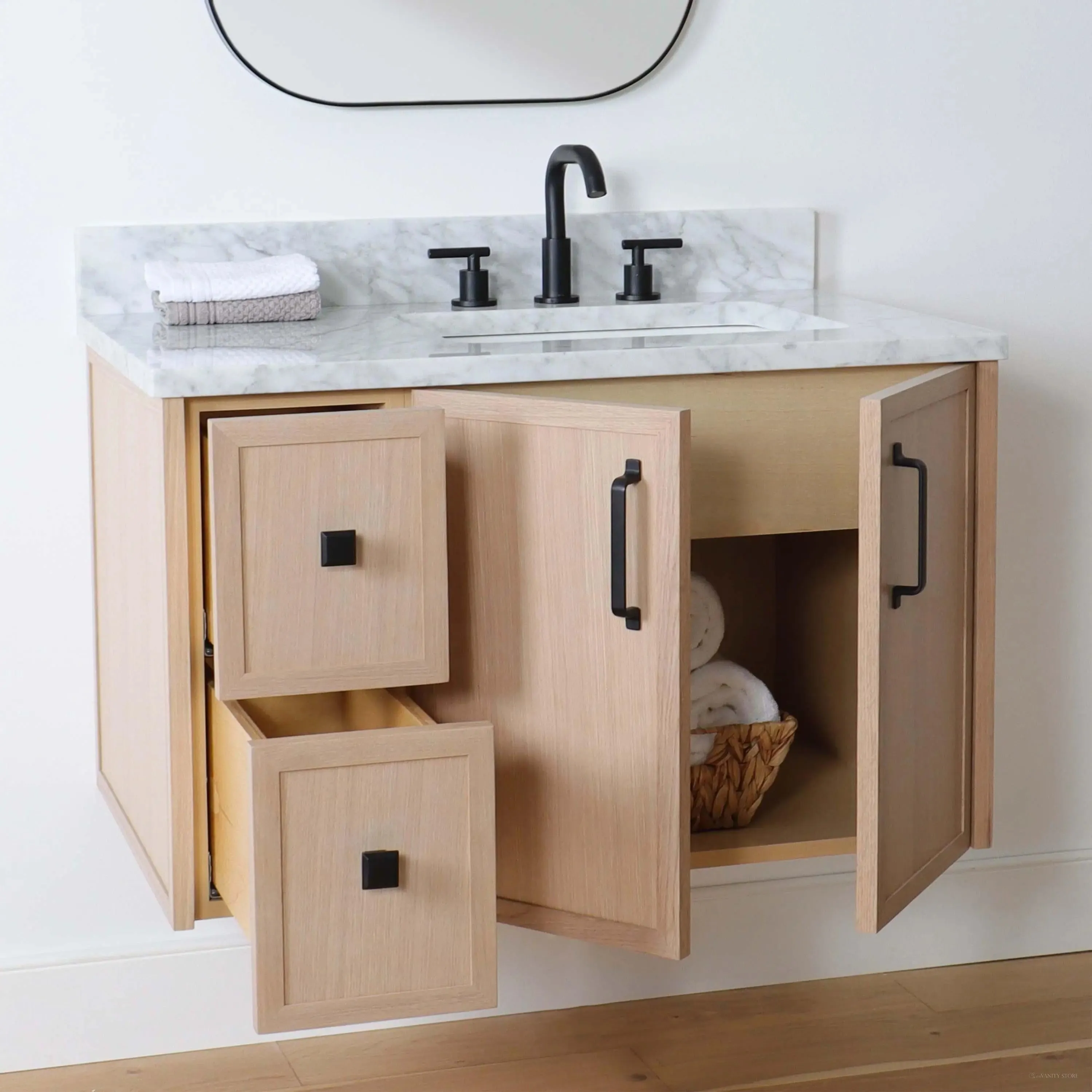 Cape Breton 36" Wall Mount White Oak Bathroom Vanity, Right Sink