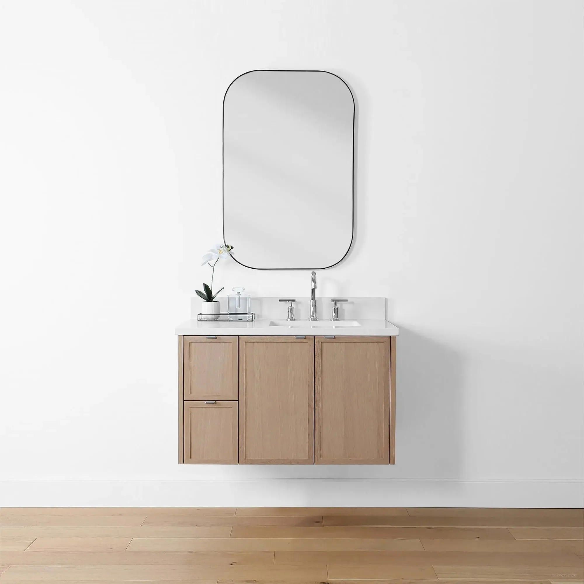 Cape Breton 36" Wall Mount White Oak Bathroom Vanity, Right Sink