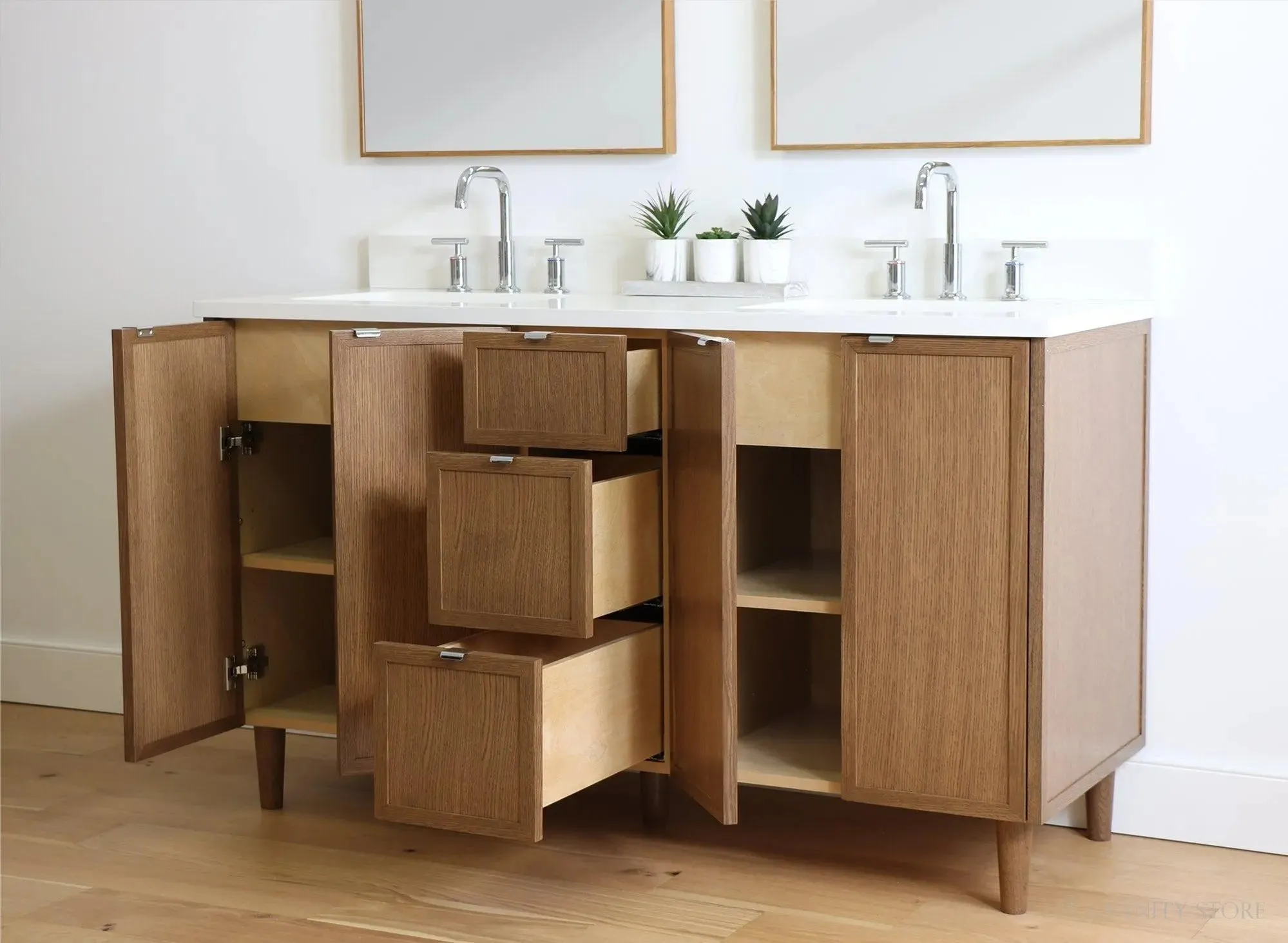 Cape Breton 60" Mid Century Oak Bathroom Vanity, Double Sink